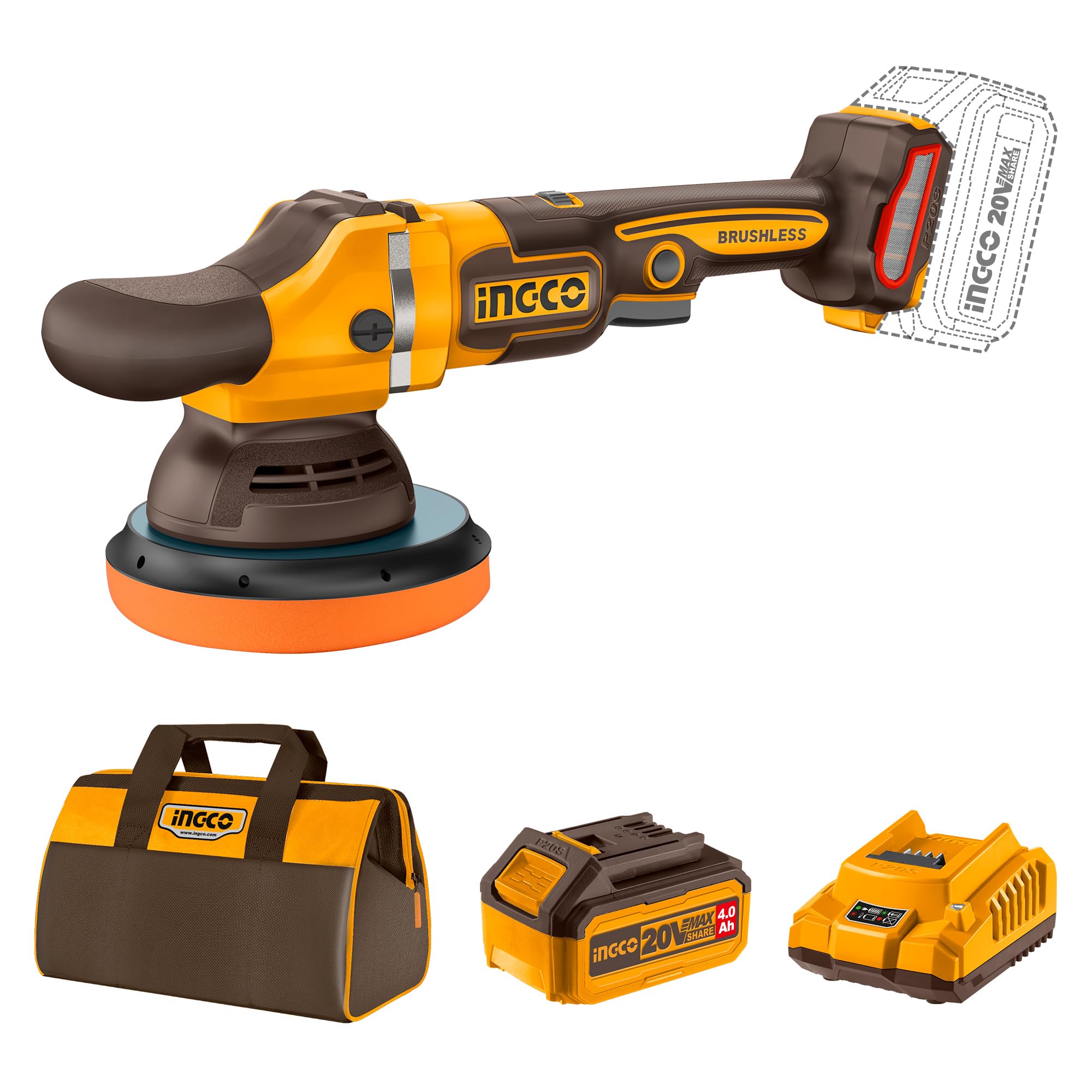 INGCO 20V Brushless Cordless Polisher - 2000-4500 RPM Variable Speed, 150mm Pad, Includes 4.0Ah Battery, Charger & Polishing Bonnet - Professional Car Detailing & Wood Finishing Tool-picture-25