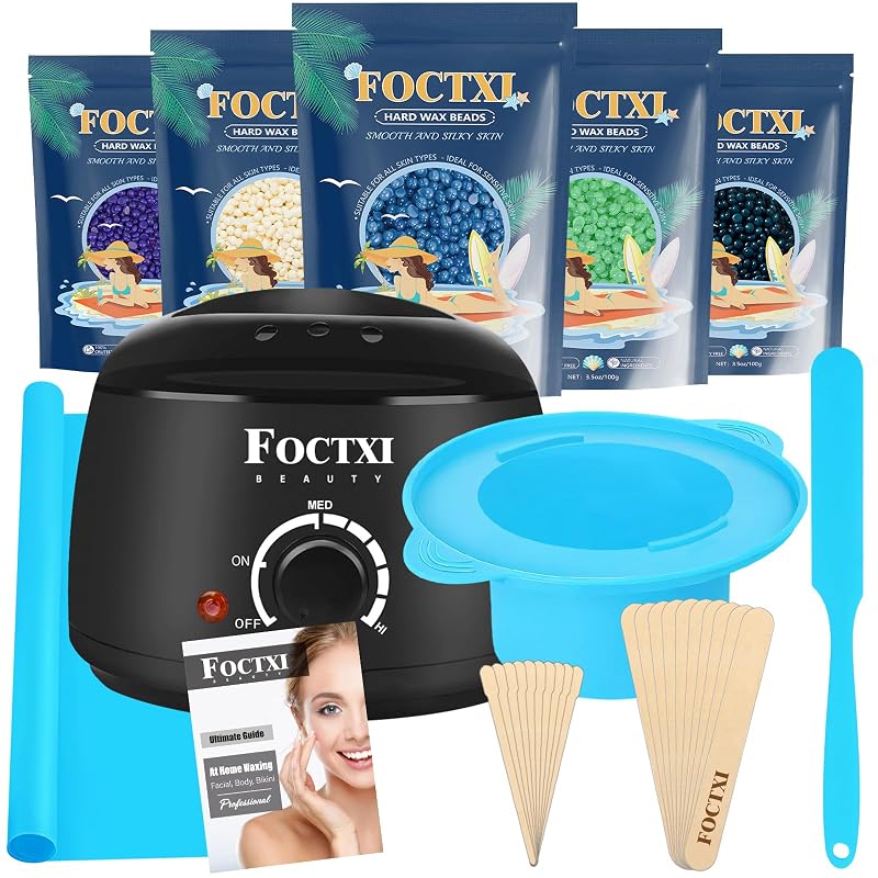 Kit de depilação com cera FOCTXI com aquecedor, tigela de silicone, 5 pacotes de pérolas de cera e acessórios