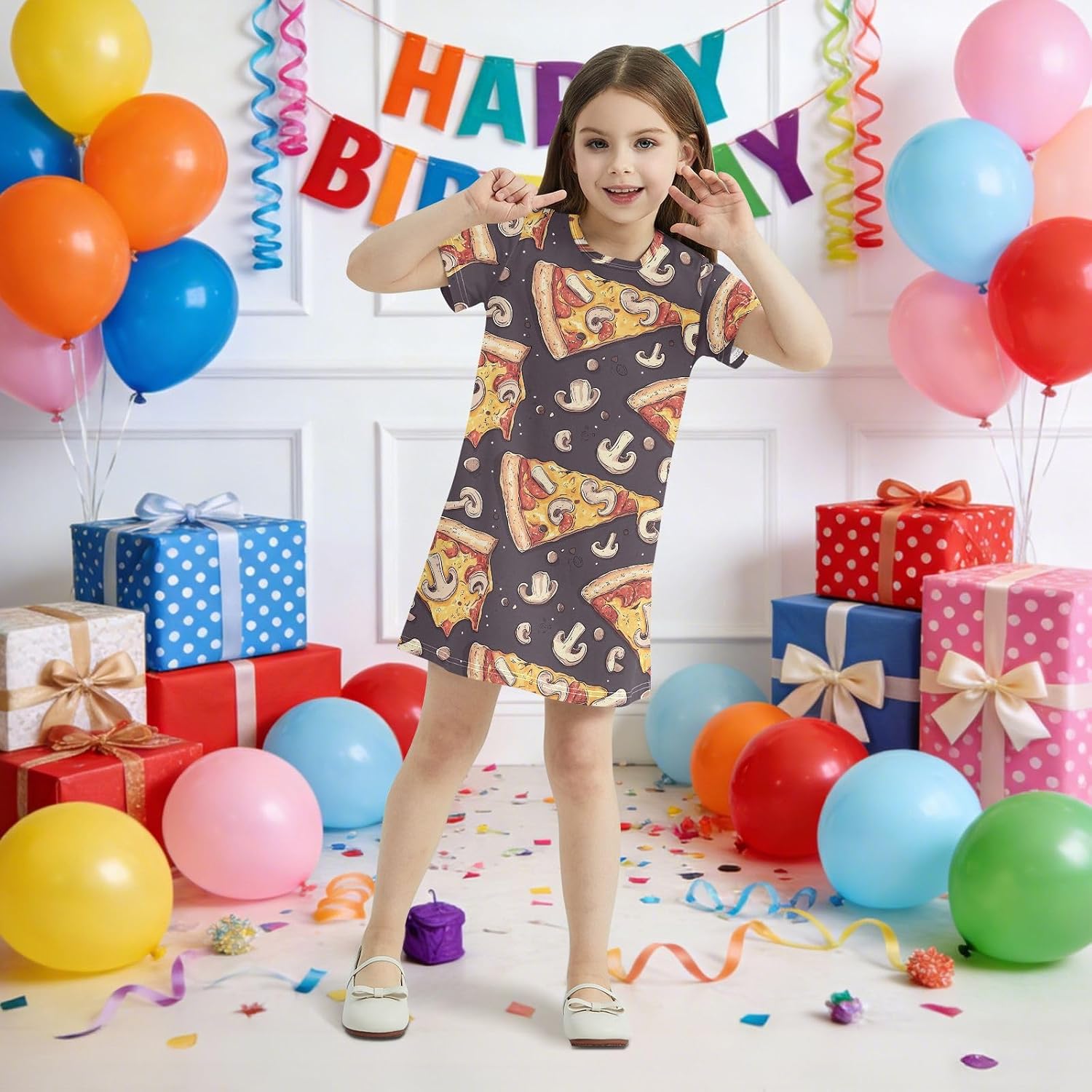 Pizza with Cheese Girls Dresses Summer Dresses for Girls with Cotton Short Sleeves for Casual a Line Dress Size 2-8Y