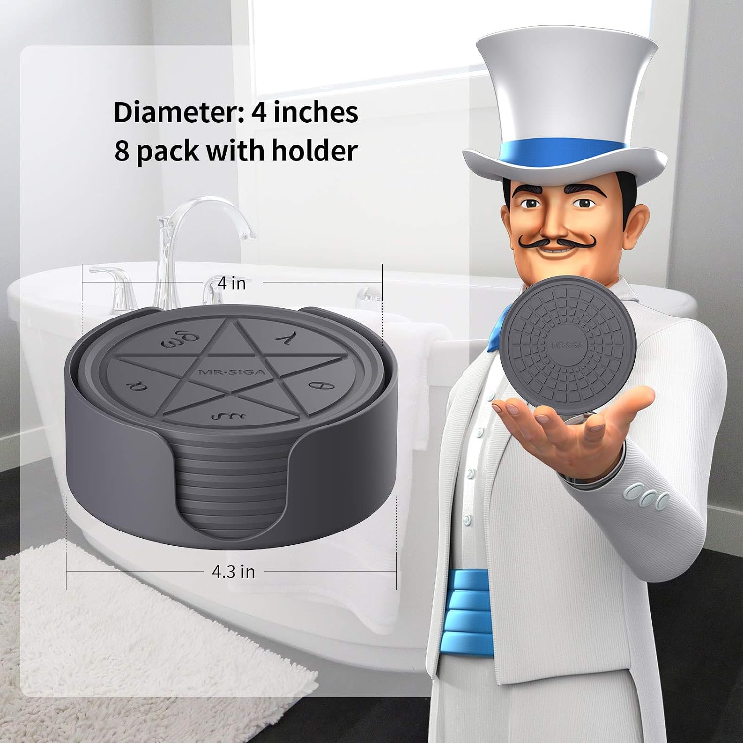 MR.SIGA Silicone Coasters with Holder, Reusable Drink Coasters for Home, Office, Bar, 4" Diameter, 8 Pack, Gray