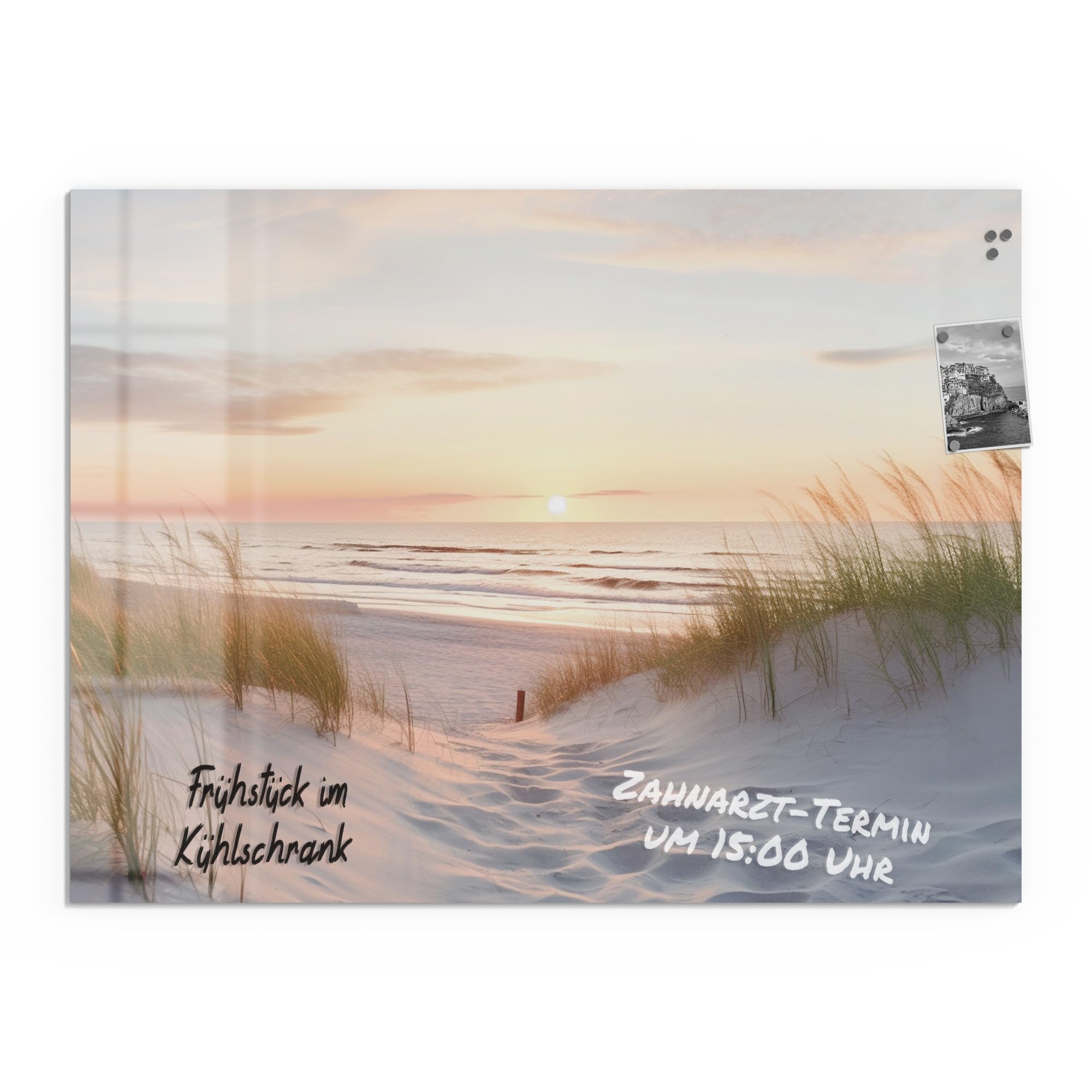 DEQORI Szklana tablica magnetyczna | wymiary 120 x 90 cm | motyw "Wieczór odpoczynku na plaży" | tablica magnetyczna z magnesami, długopisem i chusteczką do kuchni i biura | tablica magnetyczna i do