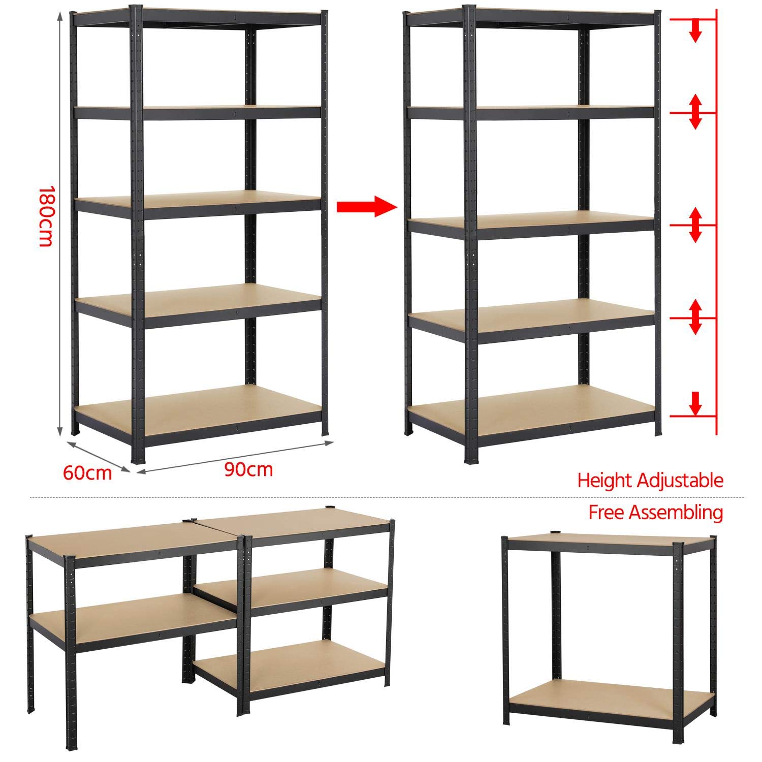 Yaheetech Estantería Metálica de Almacenaje 180 x 90 x 60 cm 5 Niveles Estante de Pie para Trastero Garaje Sótano Cocina Carga de 875 kg