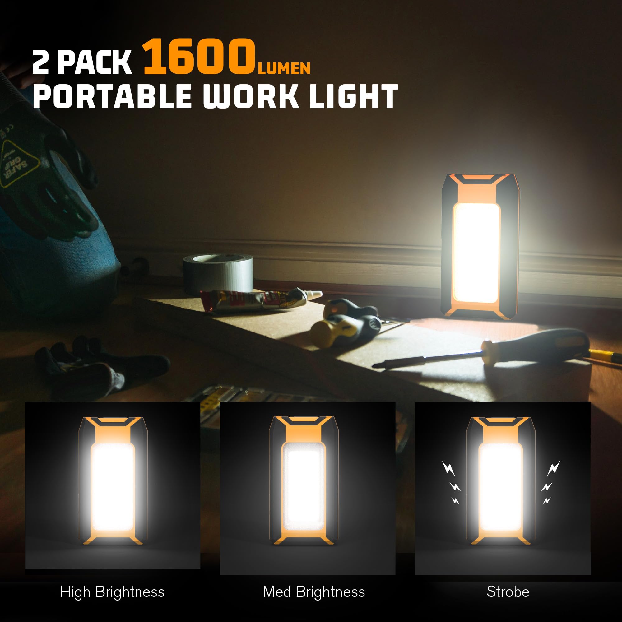 Favorlite Lot de 2 lampes de travail LED 40 W 1600 lm, rechargeables, portables, magnétiques, pour camping, urgence, réparation de voiture, éclairage étanche