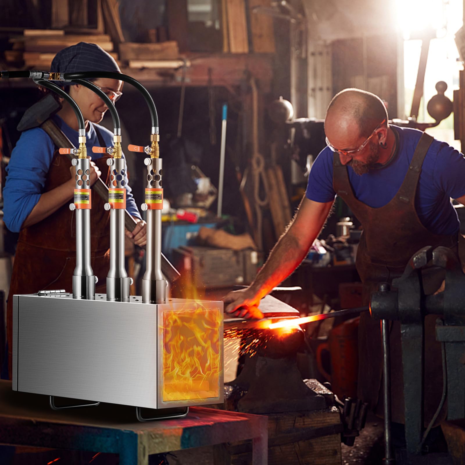 VEVOR Forgia a gas propano portatile, forno a gas quadrato con 3 bruciatori, temperatura max 1427 ℃, utensili e attrezzature per forgiatura a gas in acciaio inox, per colteliere Maréchaux-Ferrants