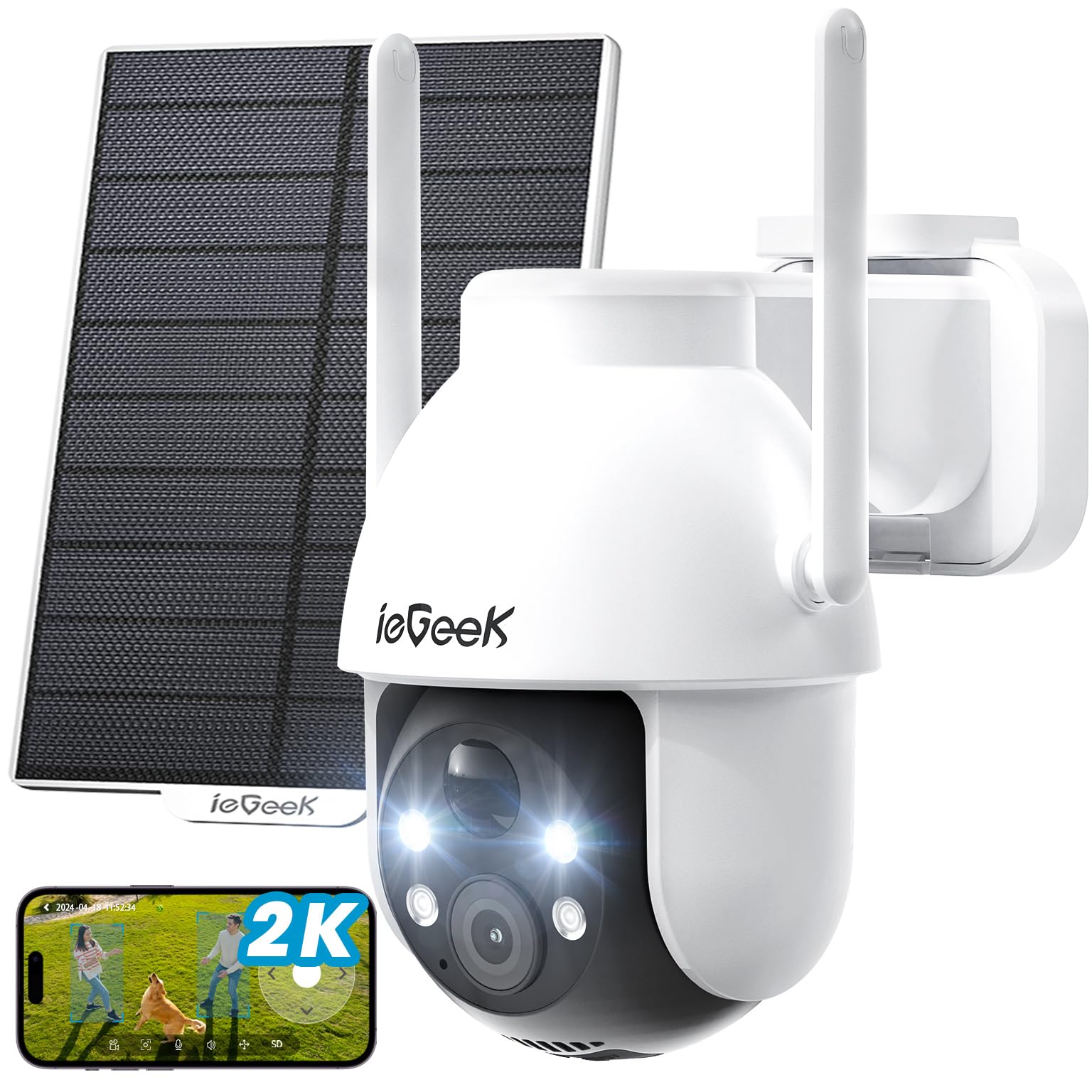 ieGeek 2K Caméra Surveillance WiFi Extérieure sans Fil 3MP 360° PTZ Solaire 15M Nocturne Couleur PIR/AI Détection Audio Bidirectionnel Alexa WiFi6 IP66
