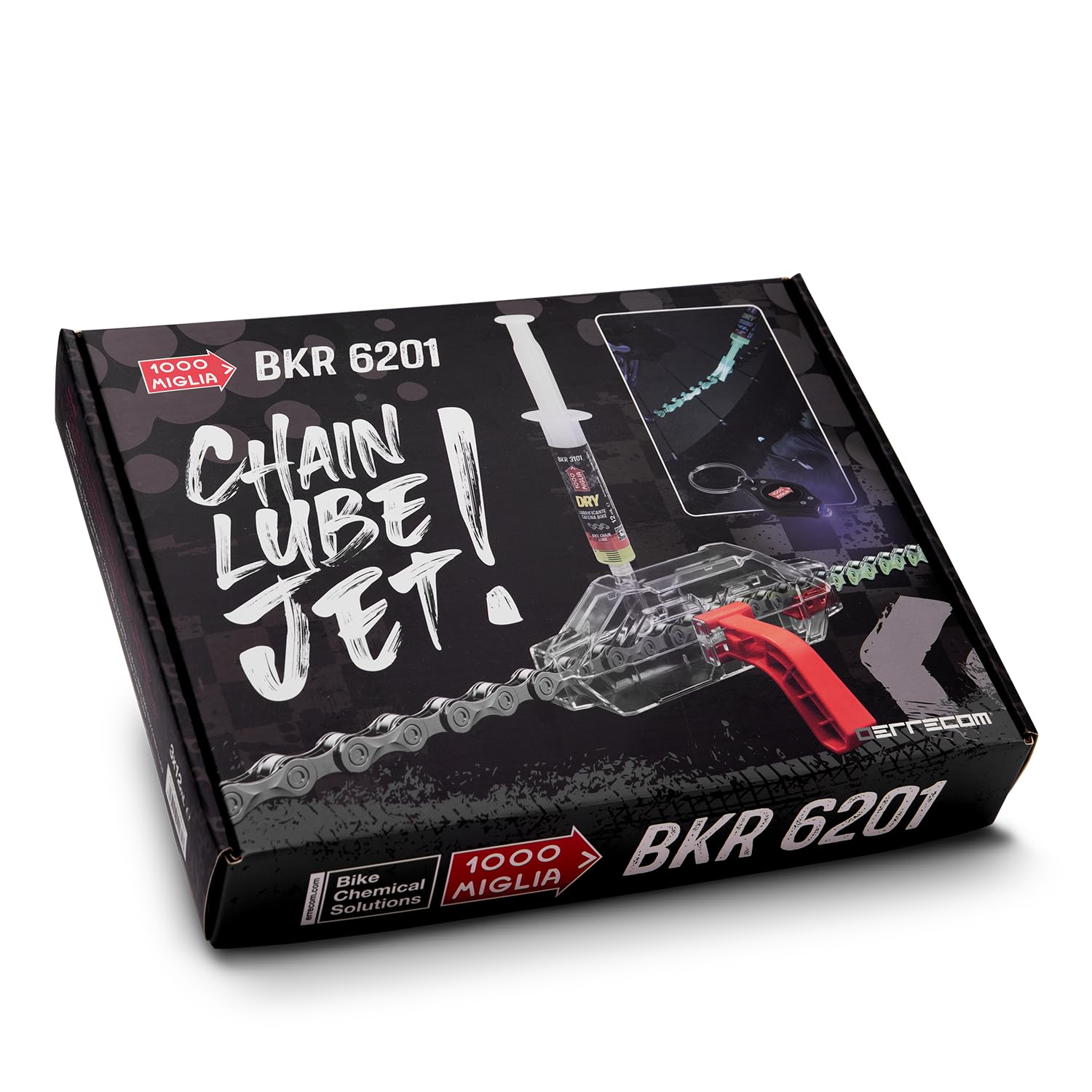 Errecom 1000 Miglia BKR 6201 Chain Lube Jet, enthält professionelles Kettenschmierungswerkzeug + 3 Kettenschmiermittel Spritzen à 12ml (DRY, WET, ALL WEATHER) + Pinsel mit weichen Borsten + UV-Lampe