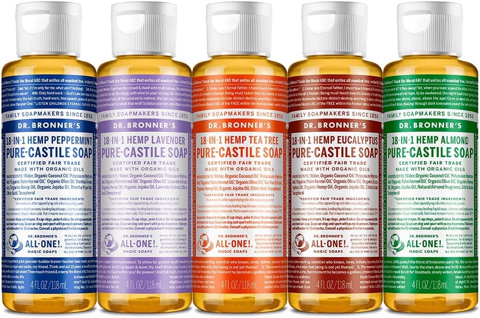 Dr. Bronner's - Pure-Castile Liquid Soap (4 Ounce Variety Pack) Peppermint, Lavender, Tea Tree, Eucalyptus, Almond - Made with Organic Oils, 18-in-1 Uses: Face, Body, Hair, Laundry, Pets & Dishes