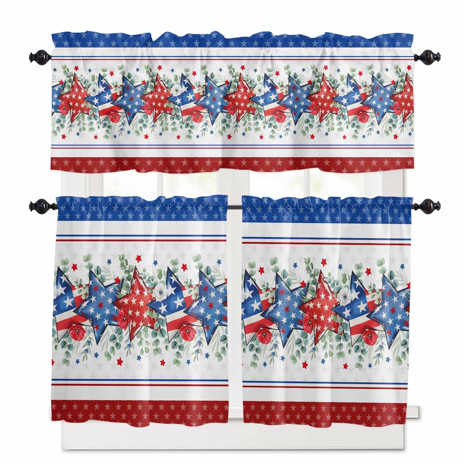 Independence Day Kitchen Curtains 36 Inch Length,3 Piece Rod Pocket Small Half Tiers and Valance Set,Star Stripe Flag Eucalyptus Red Blue Small Large Window Treatment Decor for Bedroom/Bathroom Sink