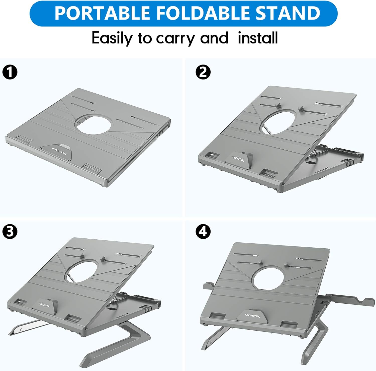 AboveTEK Genie Book Laptop Stand Riser - 9 Height/Angle Adjustable, Portable Laptop Riser Foldable to 11x11x1” - Fits 6" to 17" Laptop & 2 Extra Phone Holders - Ideal Gift for Family(Gray)