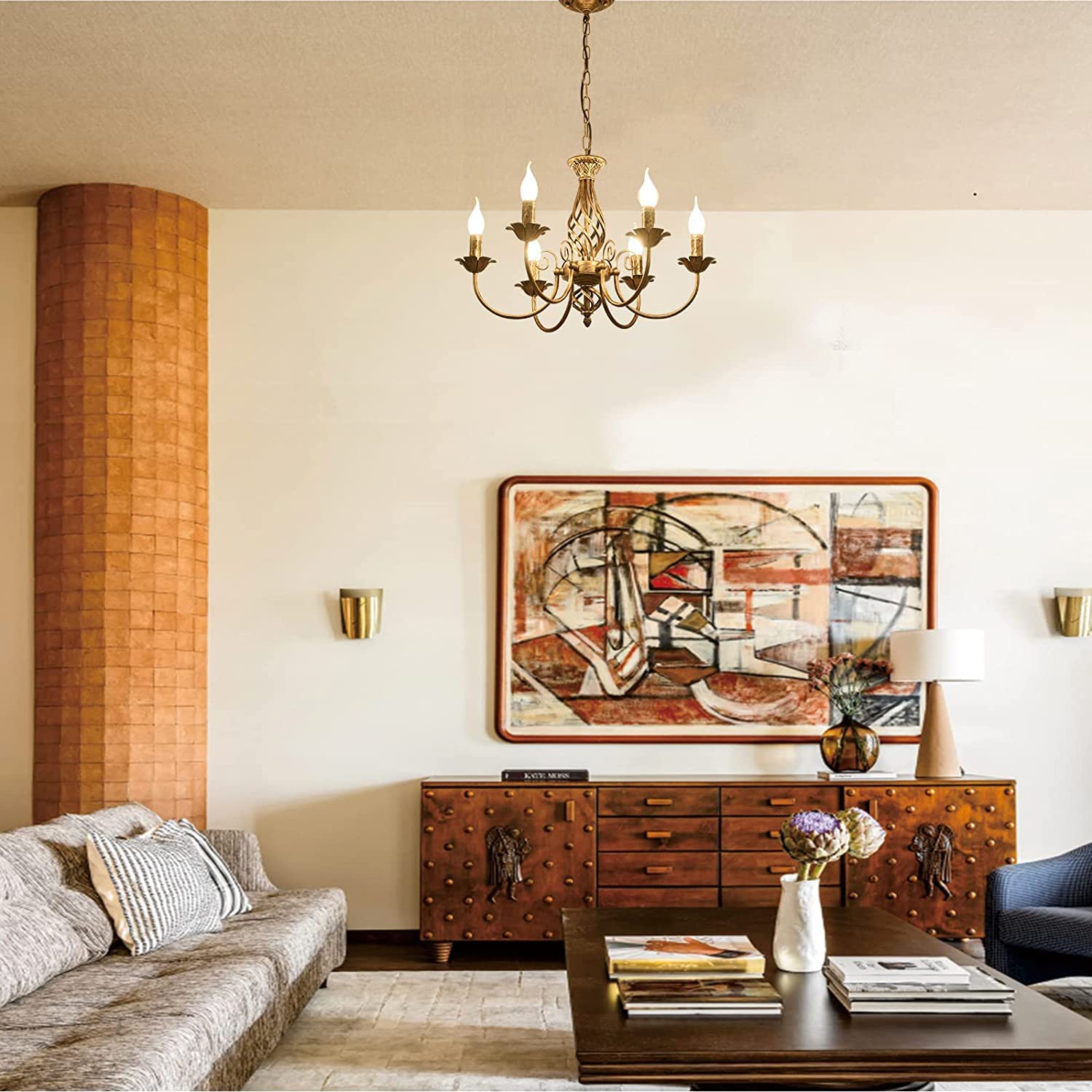 Kronleuchter im Traditionellen Landhausstil, Bronze Vintage Höhenverstellbarer Kerzenleuchter aus Schmiedeeisen,6 Lichter Deckenlampe Bauernhaus Pendelleuchte für Wohnzimmer Küche Esszimmer