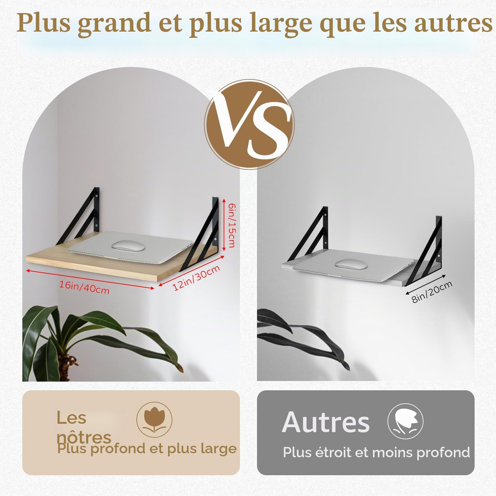 Étagères Murale Flottantes en Bois de 30 cm de Profondeur, Lot de 2