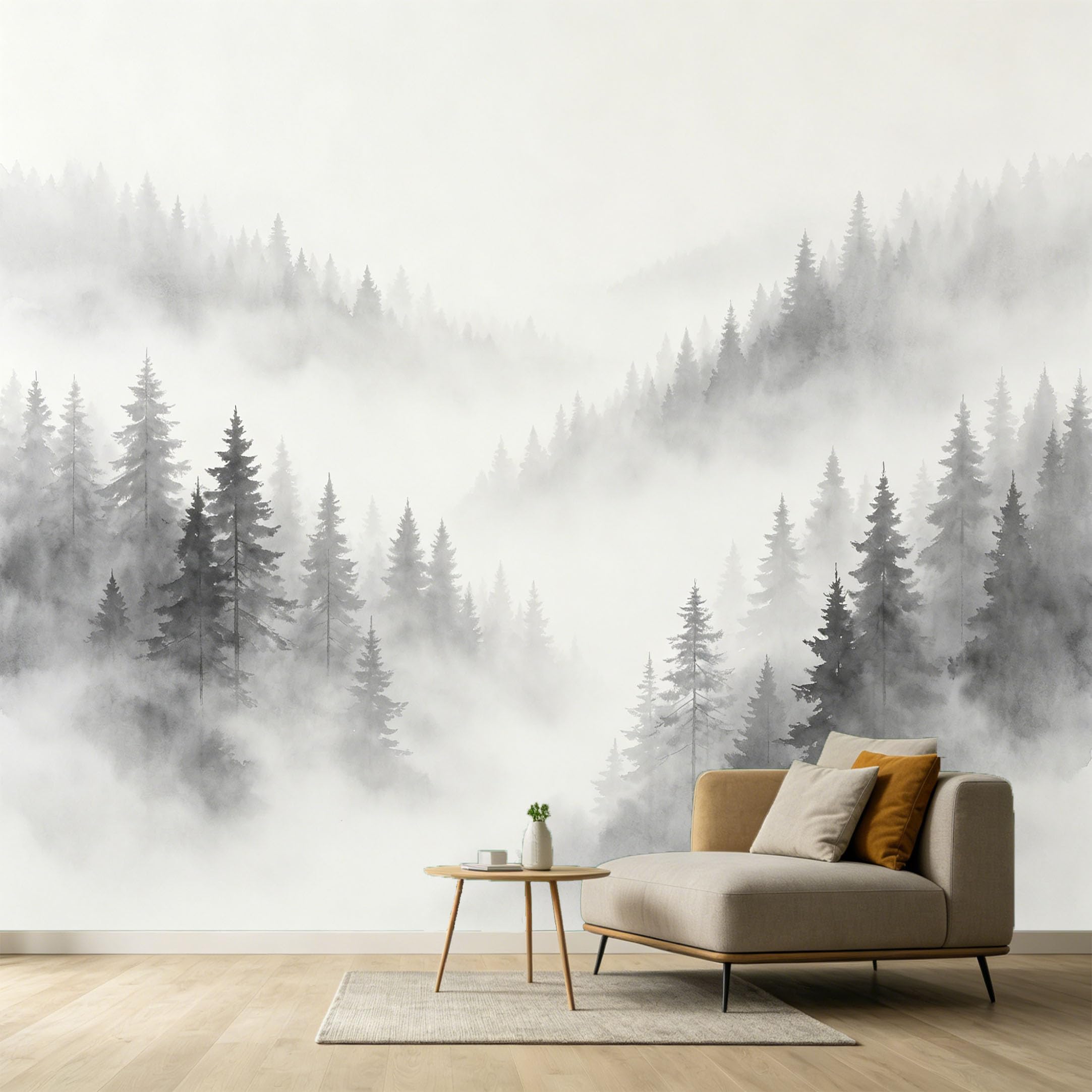 Custom Size Wall Murals Misty Pine Forest Landscape Watercolor Monochrome SelfAdhesive Wall Fabric Removable Large Wallpaper for Photo Living Room Interior Decor