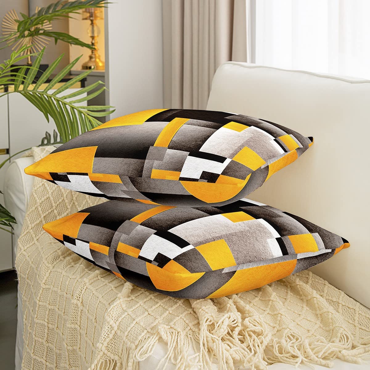 Loussiesd Yellow Grey Black Buffalo Check Reversible Throw Pillow Covers Kids Geometric Pillow Covers Home Decor for Square Cushion Covers Set of 2 Plaid Modern Abstract Art 18x18 Inch - Image 3