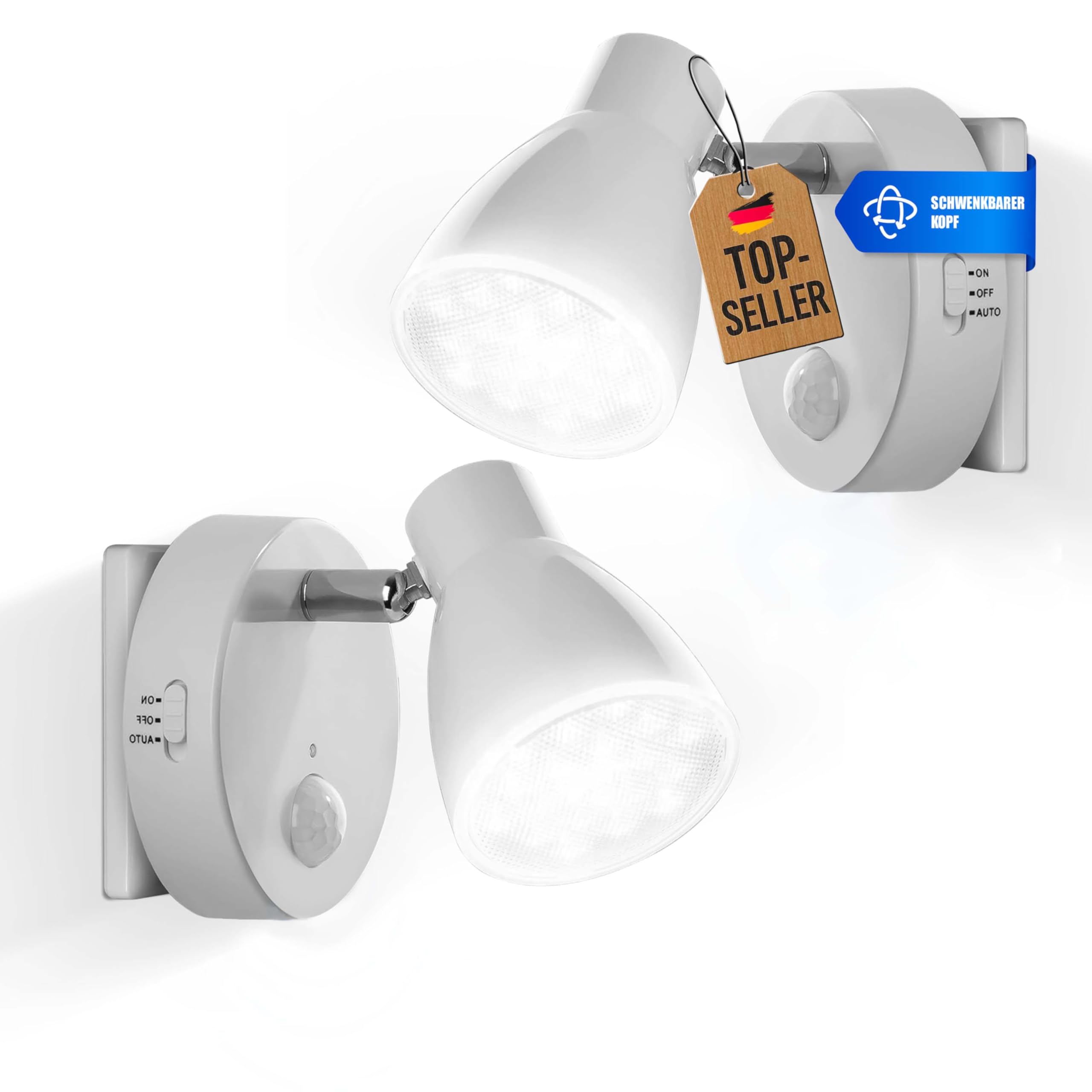 Trango set di 2 Luce notturna a LED TG2635-026 in bianco con funzione automatica 230V con sensore di movimento, luce di sicurezza, lampada a zoccolo, lampada a parete notturna, luce di orientamento