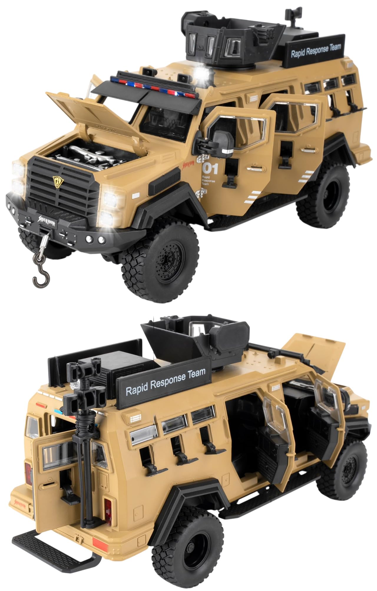 Magicwand® 1:24 Scale Die-Cast Metal Saber-Tooth Armored Truck【Large】 with Openable 11 Small Windows & Doors,Lights & Music & Working Steering【Sand Brown】【Pack of 1】-image-16