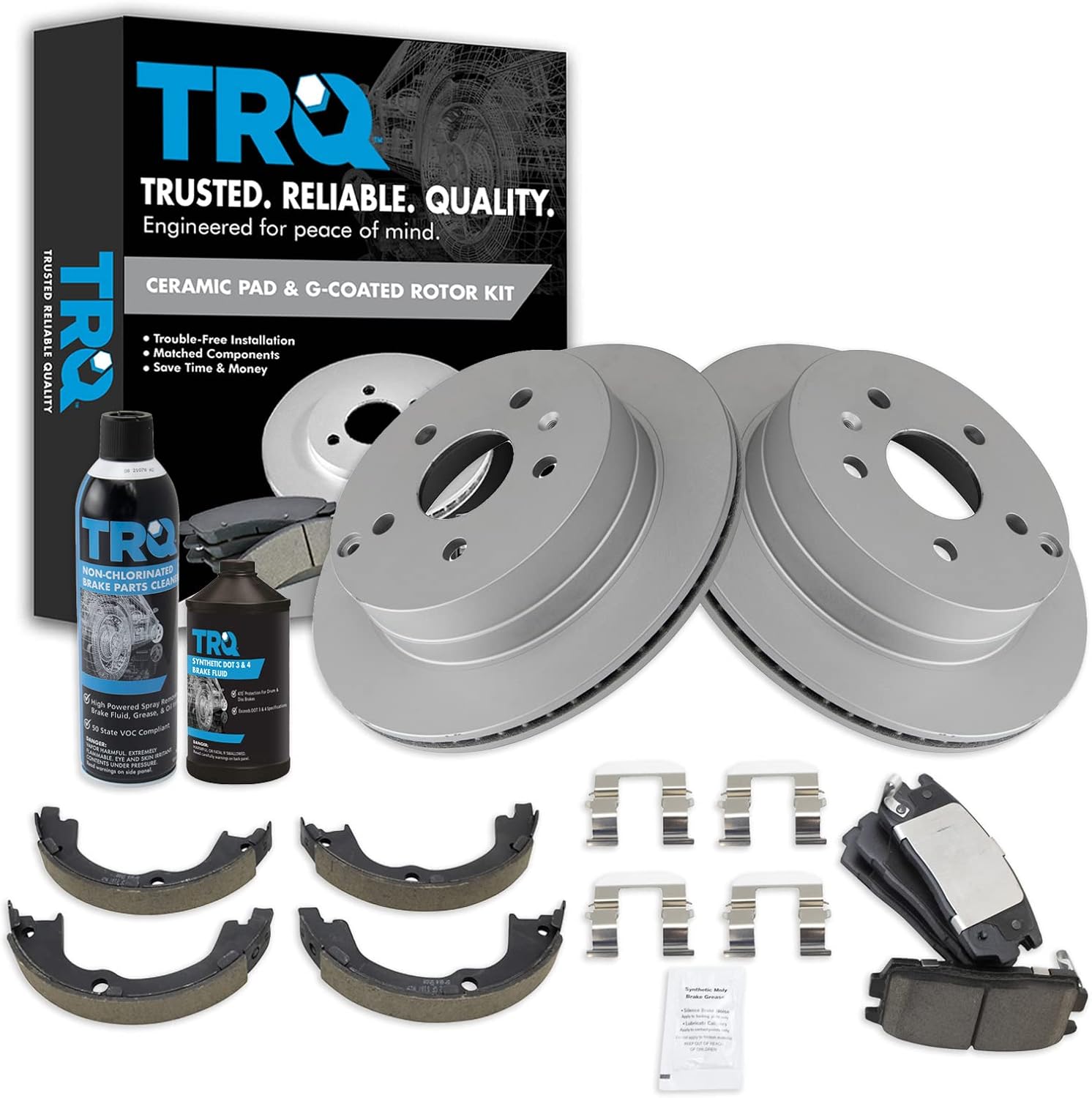 TRQ Rear Brake Pad & Rotor Kit Brake Chemical Kit Brake Pads Brake Rotor Parking Brake Shoe Set Ceramic Premium G-Coated Compatible with 2010-2017 Chevrolet Equinox GMC Terrain