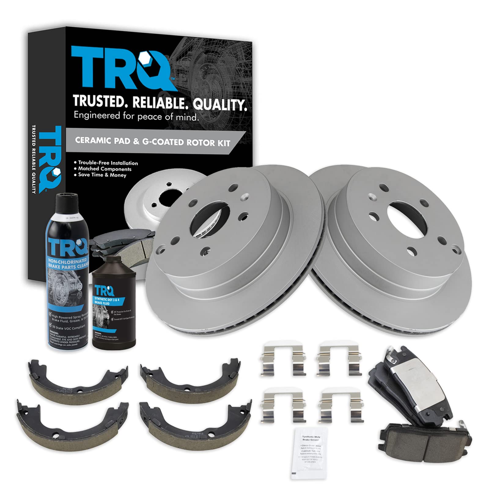 TRQ Rear Brake Pad &amp; Rotor Kit, with Chemical Kit Parking Brake Shoe Set Ceramic Premium G-Coated Compatible with 2010-2017 Chevrolet Equinox GMC Terrain