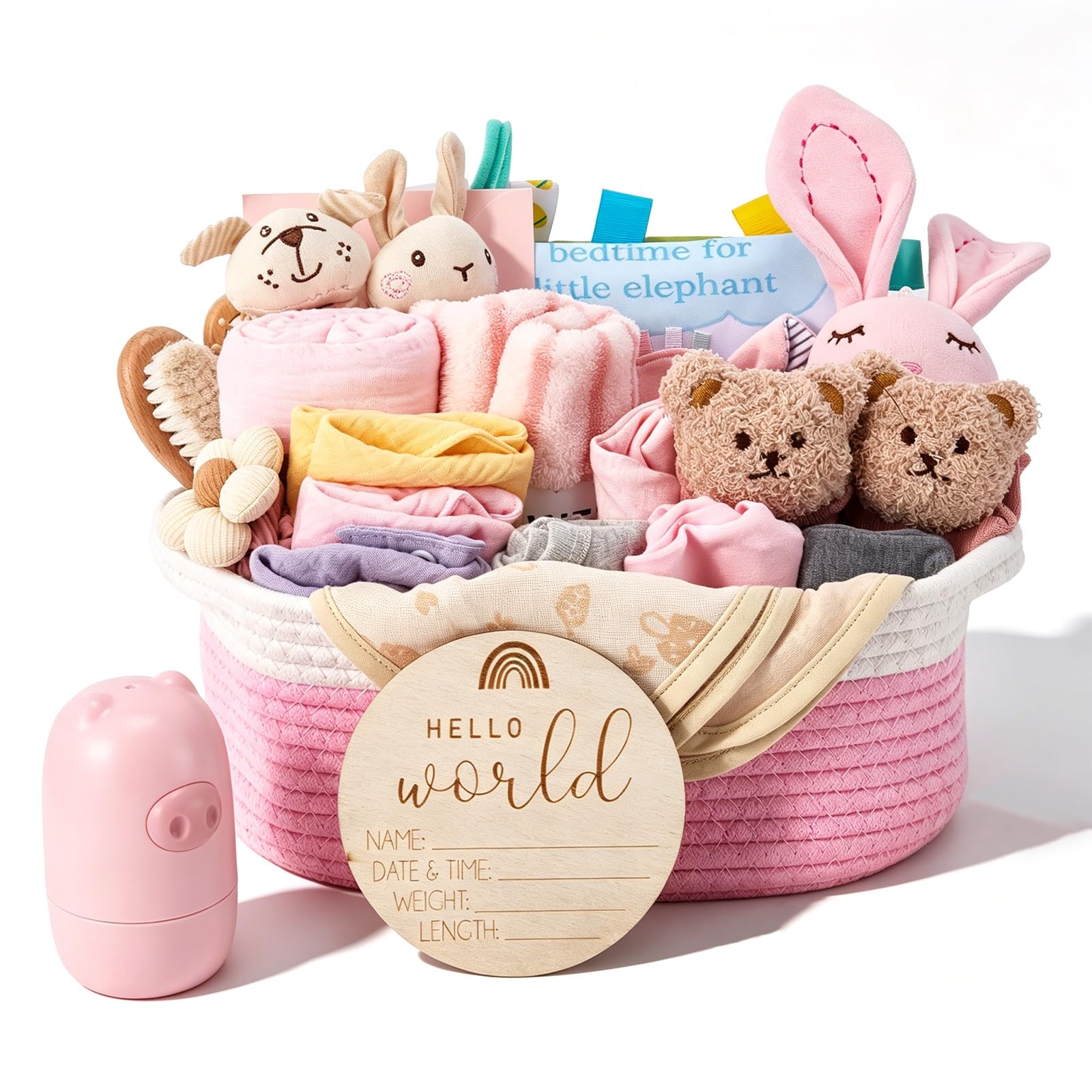 Windeltorte Baby Geschenkset Neutral - 32-teiliges Neugeborenen Set mit Hasen Plüschtier & Grußkarte im geflochtenen Korb - Luxus Geburtsgeschenk für Jungen & Mädchen, Babyparty & Taufe