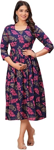 MFF Fabrics Women’s Cotton Maternity Gown | Navy Blue Feeding Dress with Side Zips | 46 Inch Length | Soft & Stretchable | Baby Shower