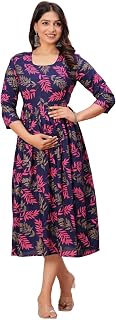MFF Fabrics Women's Cotton Maternity Gown | Navy Blue Feeding Dress with Side Zips | 46 Inch Length | Soft & Stretchable |... Price In India