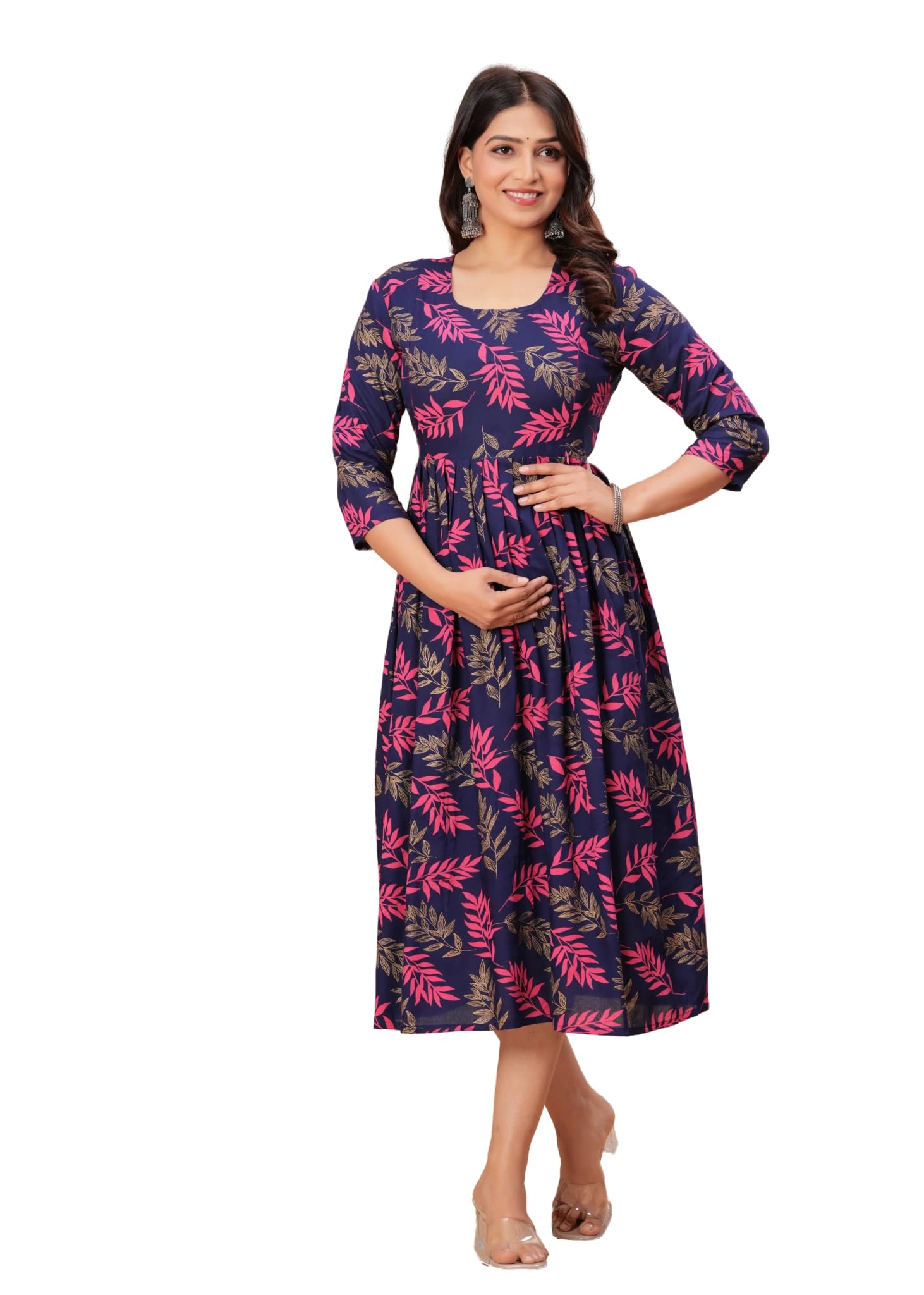 MFF Fabrics Women's Cotton Maternity Gown | Navy Blue Feeding Dress with Side Zips | 46 Inch Length | Soft & Stretchable | Baby Shower-image-40