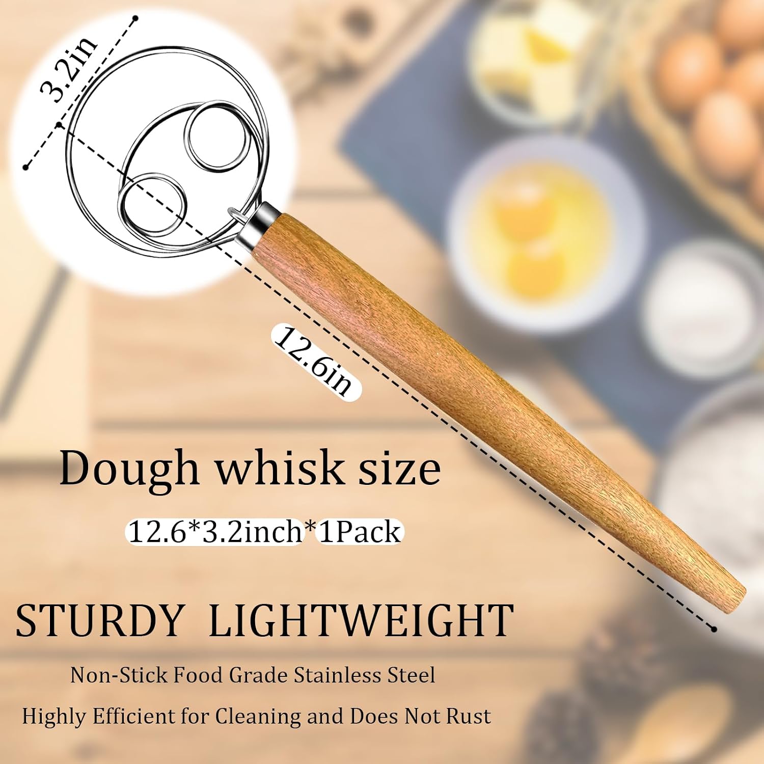 Danish Dough Whisk - Acacia Wood Handle Mixer for Sourdough and Cake Baking