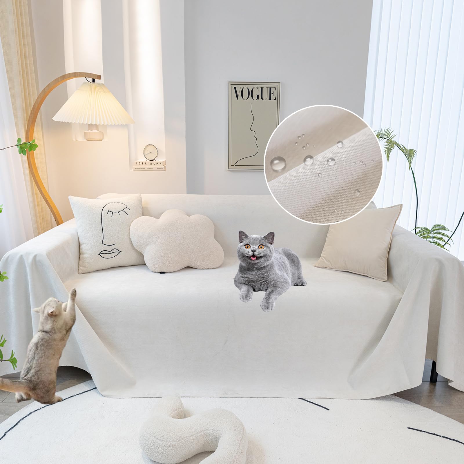 STACYPIK 4-Layer Waterproof White Sofa Cover, Anti-Scratch Pet Couch Cover for 3 Cushion Couch, Washable Furniture Protector, Washable Loveseat