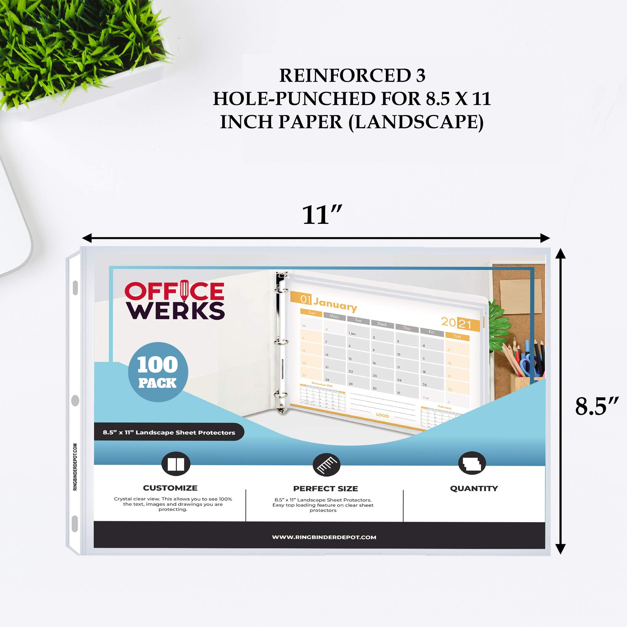 Performore 100 protectores de hojas transparentes horizontales de 8.5 x 11 pulgadas para carpeta de 3 anillas, fundas de plástico para hojas, carga superior con 3 agujeros perforados, seguros para