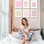 Pink Aesthetic Room Decor - Set of 6 Floral Wall Art Prints, Boho Wall Decor for Teen Girls, Pastel Dorm Room Wall Art, Cute 8"x10" Unframed Posters, Floral Prints for Bedroom, Modern Teen Room Decor