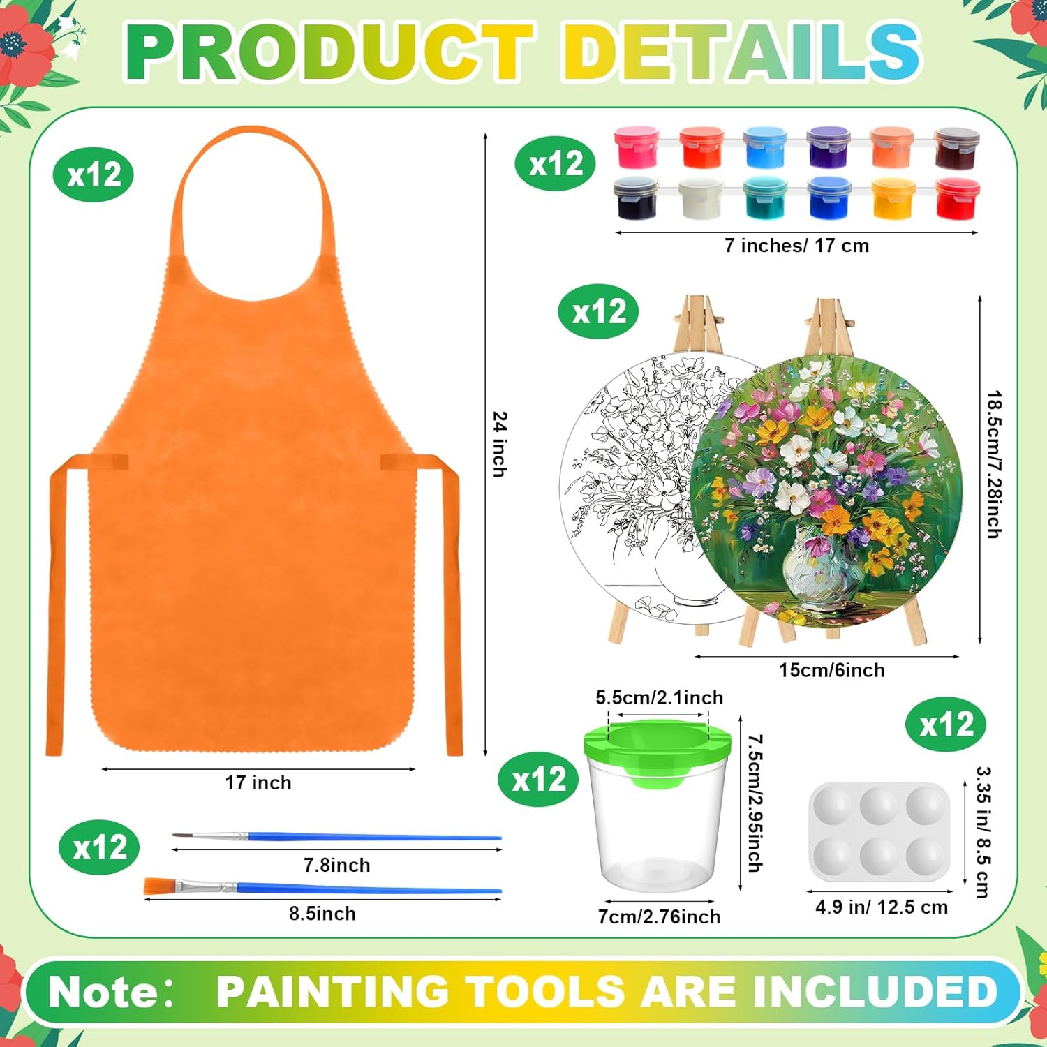 Supervitae 96 Pcs 5.9" Round Pre Drawn Canvas Painting Kit for Kids Adults Spring Floral Sip and Paint Canvas Kit for Birthday Valentines Holiday Christmas Party Favor DIY Home Decor Gifts