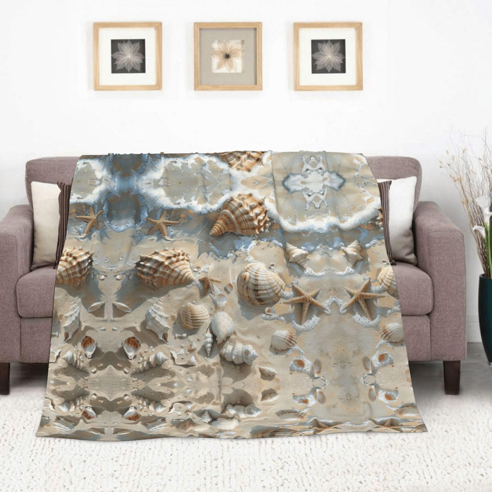 Gemütliche Flanelldecke, 178 x 203 cm, Muschel-Sanddruck, Überwurf für Sofa, Bett und Camping, weiche Winterdecke für ultimativen Komfort und Wärme