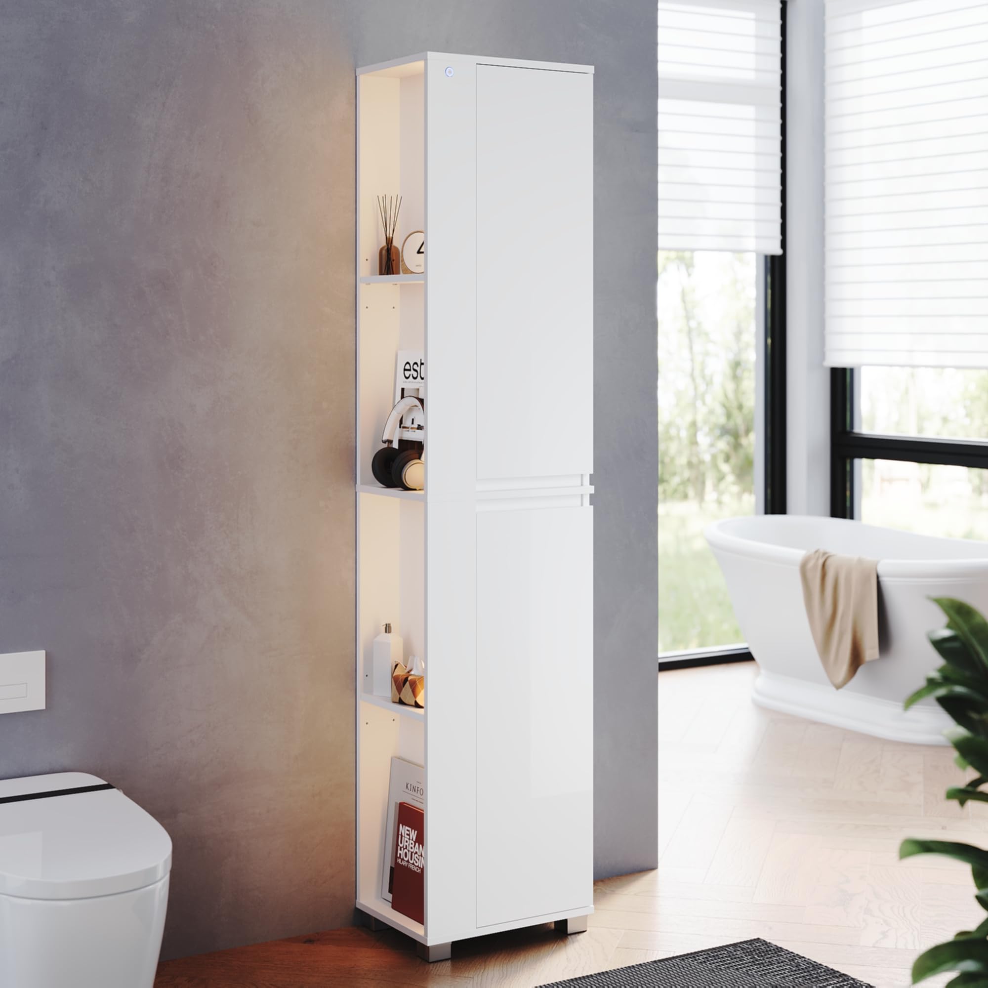 ELEGANT 1800mm Tall Bathroom Cabinet with LED Lighting and Side Open Shelf