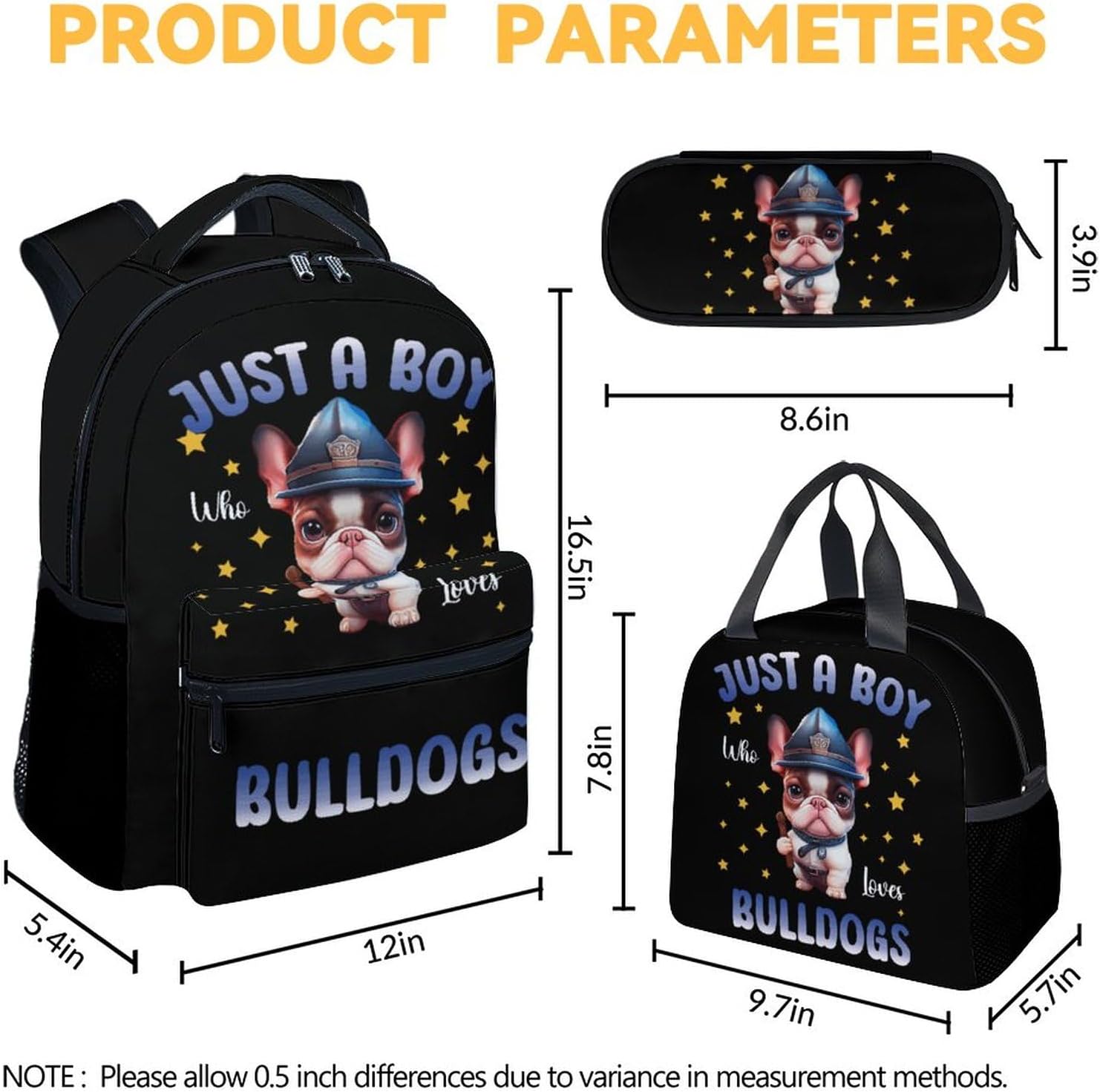 UNIKITTY French Bulldog Backpack with LunchBox, Set of 3 Dog theme School Backpacks Matching Combo, Cute Yellow Bookbag and Pencil Case Bundle