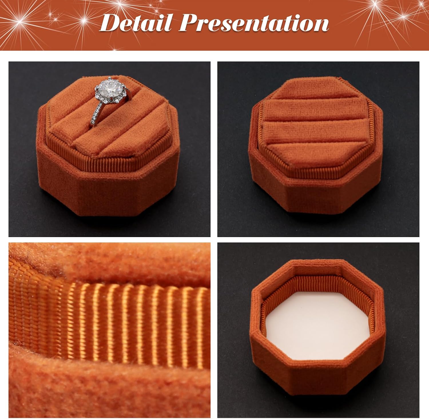 Gvhntk Velvet 3 Slots Jewelry Ring Box Vintage Octagon Ring Display Holder Gift Premium Gorgeous Case with Detachable Lid for Wedding Engagement Proposal Keepsake Ceremony (Burnt Orange) image 5