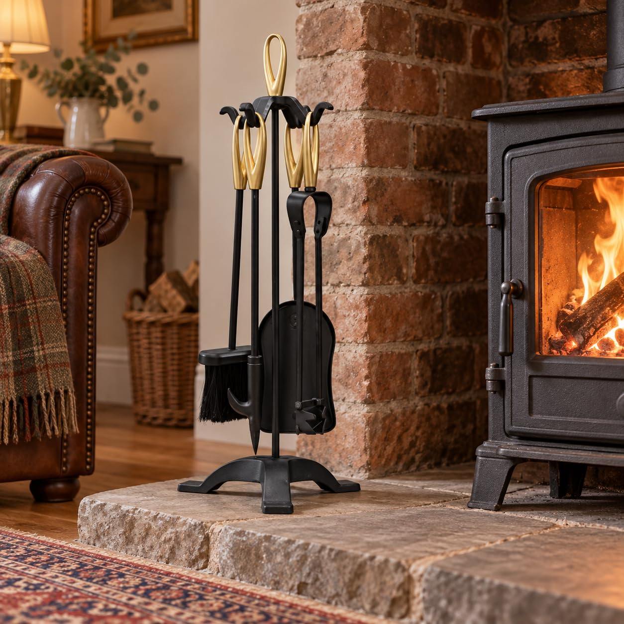 5 Piece Traditional Fireplace Companion Set Tong Shovel Brush Poker Wood Burner Coal Stove Hearth Cast Iron Tools (Loop Top Black & Brass)
