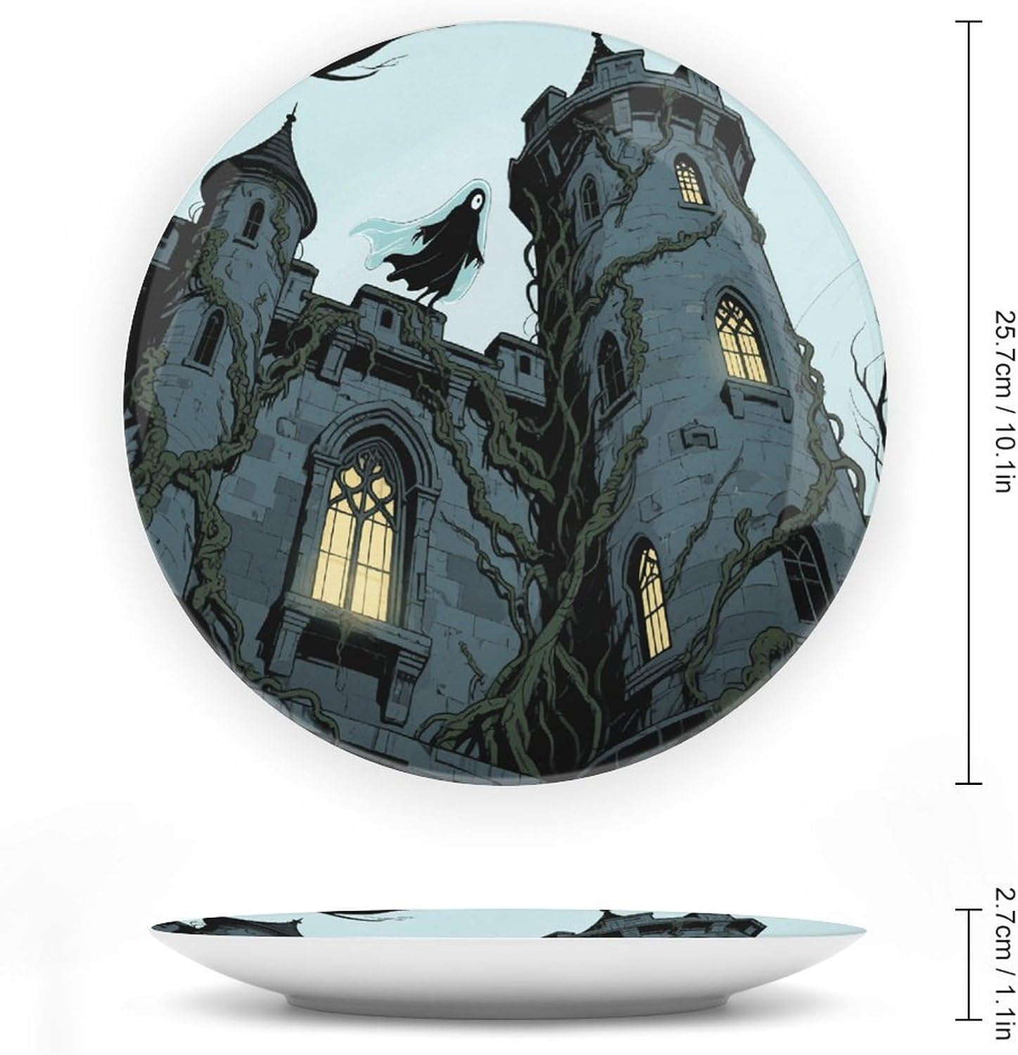 Ghost Castle Ceramic Plate 10inch Decorative Bone China Wall Hanging Ornament Plates Bohemian Style Dinner Plate with Display Stand Cabinet Display Plates for Home Art Decor