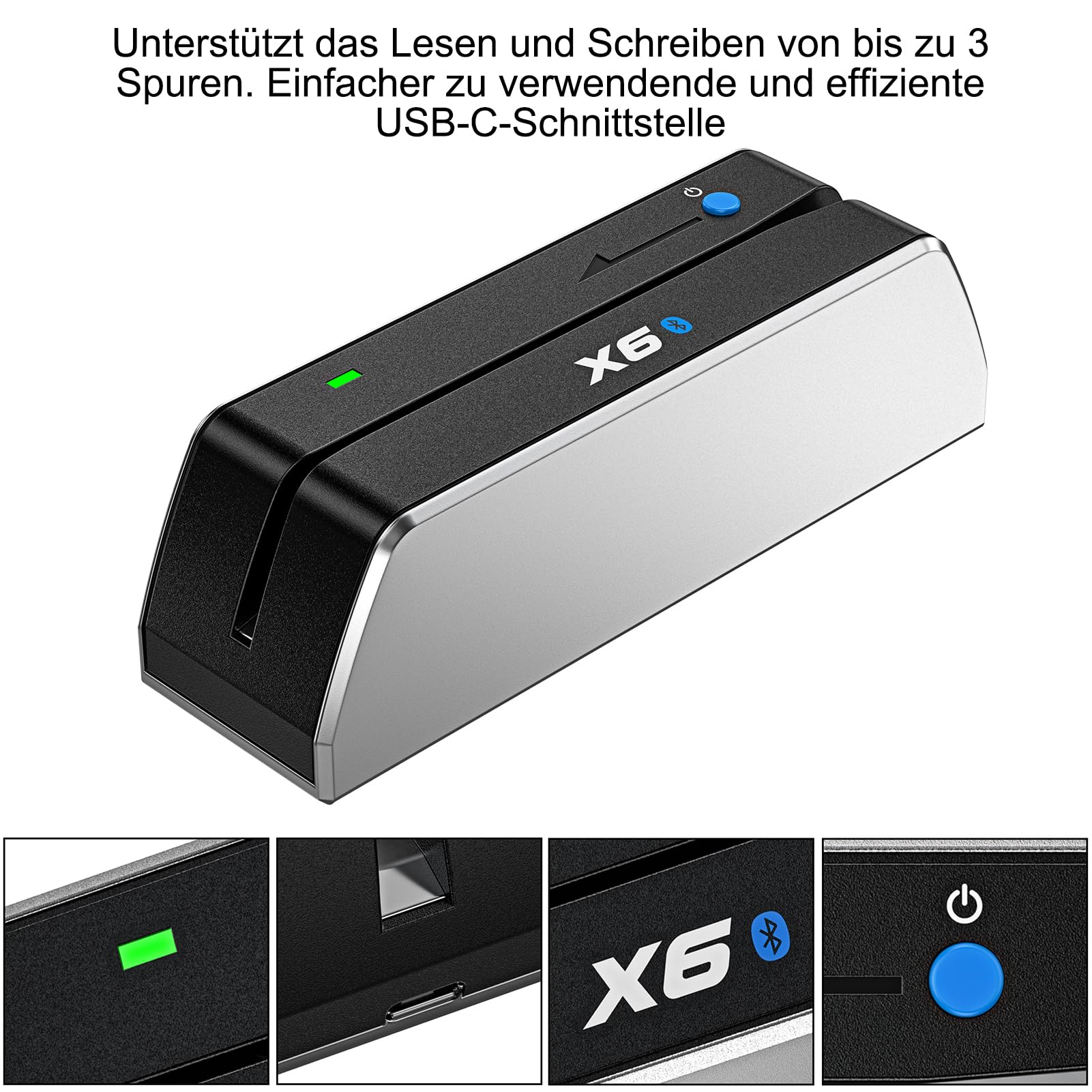 MSR 605/606 Tragbarer Bluetooth-Kartenleser USB Magnetstreifen-Kartenterminal 3-Spur-Swipe-Encoder Silber
