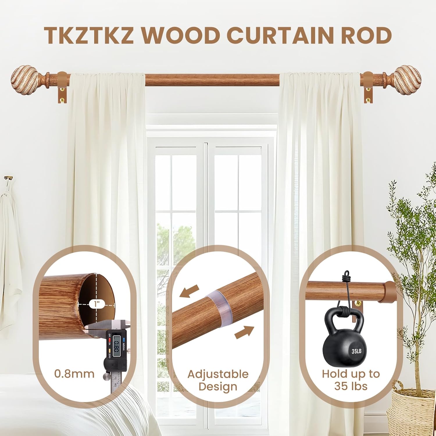 TKZTKZ Wood Curtain Rods for Windows 36 to 88 Inch:Boho Farmhouse Wooden Curtain Rod for Living Room Bedroom,Rustic Adjustable Heavy Duty Drapery Rods Set Brown Decorative Bamboo Imitation Wood Grain