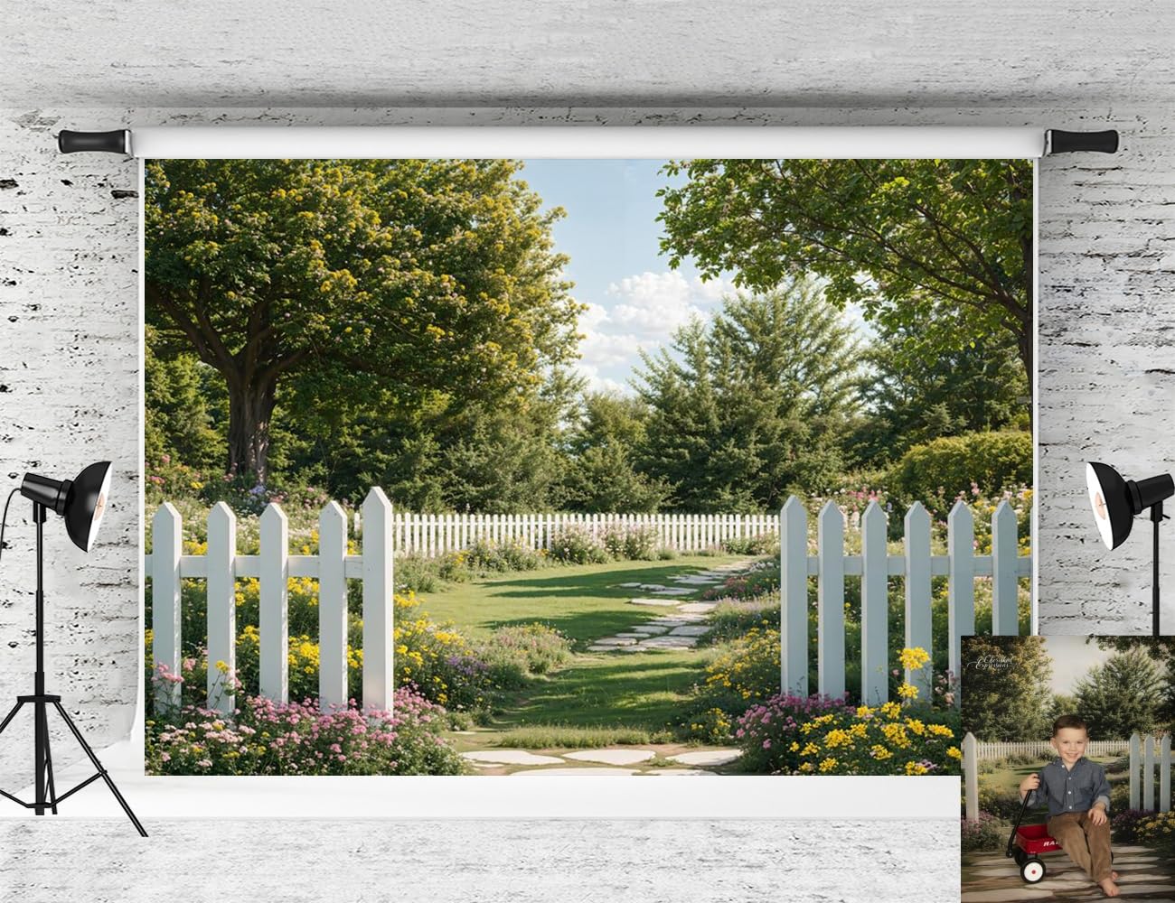 Kate Spring Garden Path Backdrop White Fence Background Green Tree Flower Photo Background Studio Props,7x5ft