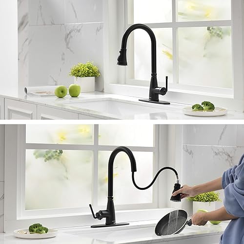 Miniatura 3 de Lavatrum Grifo de cocina antiguo negro mate de 17 pulgadas con rociador extraíble, mango único 1 agujero extraíble grifo de cocina rociador de 3