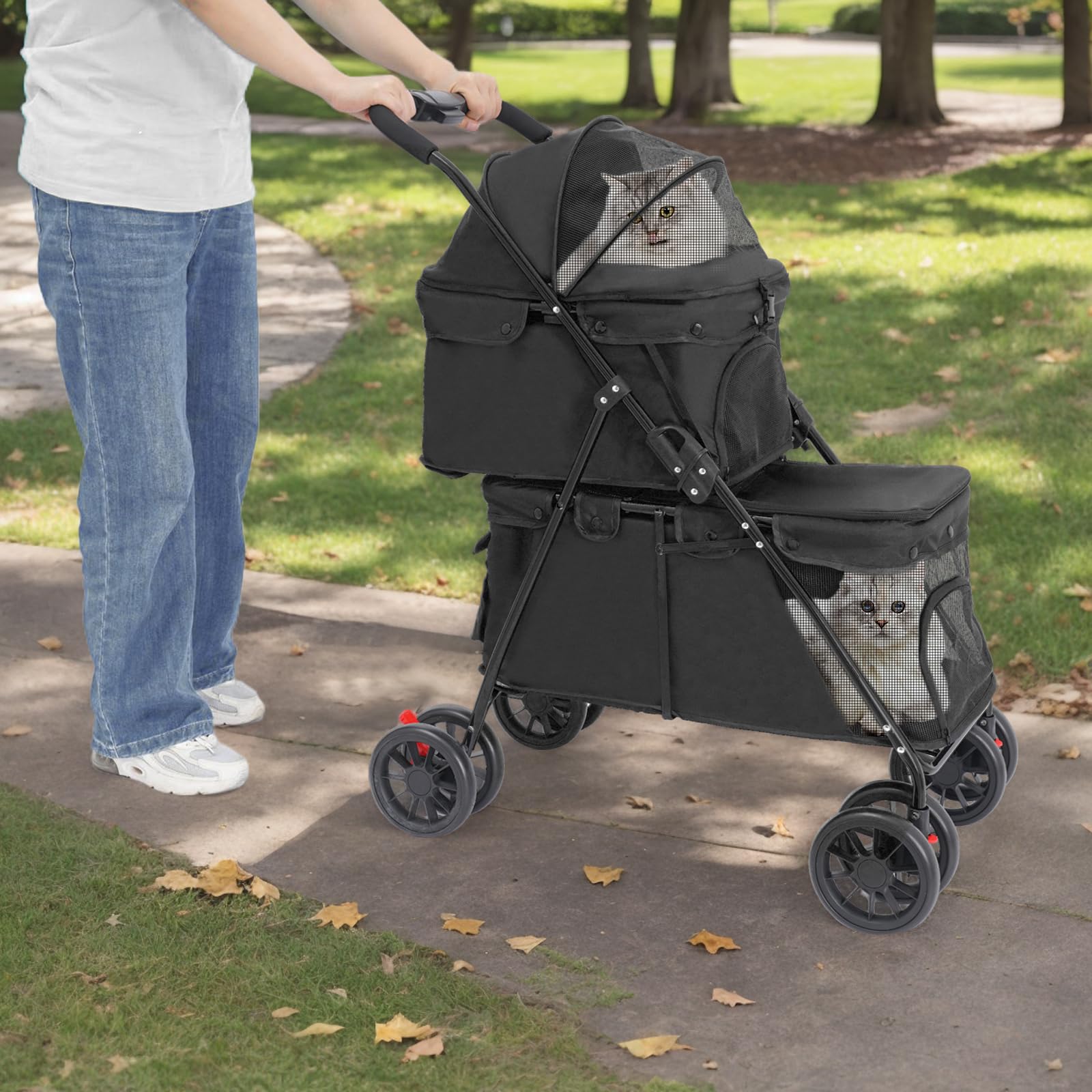 Passeggino doppio per cani 2 in 1 per animali domestici, pieghevole, portata 15 kg – 20 kg, doppio ponte per cani con custodia (nero)