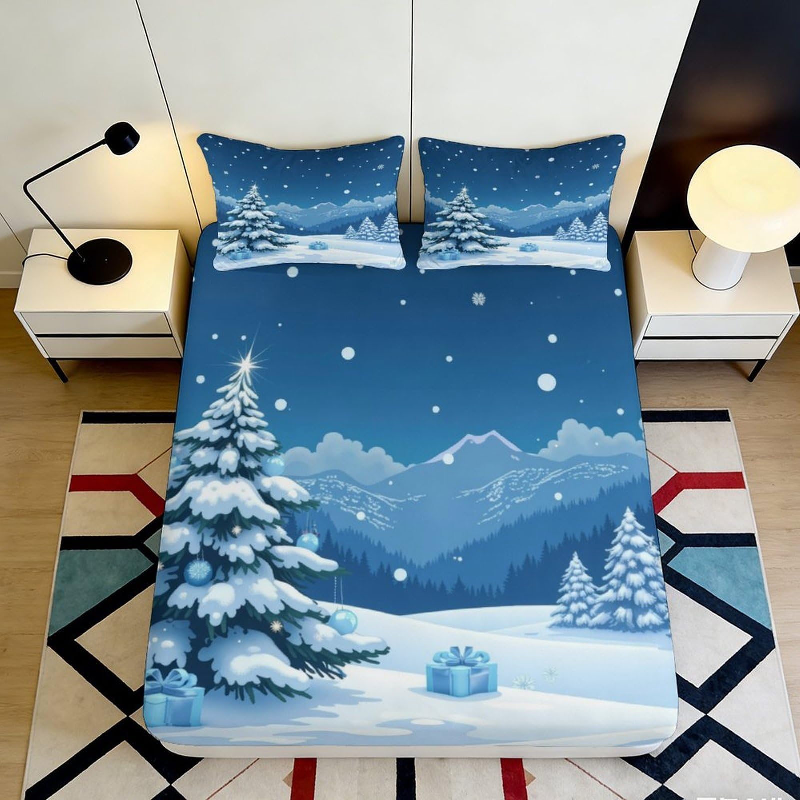 Pnayamiorkfel Style-7 3D Printed Snowy Christmas Tree Fitted Sheet Microfiber Mattress Cover Winter Mountain Gift Decor For Bedroom Guestroom 90X200x25cm