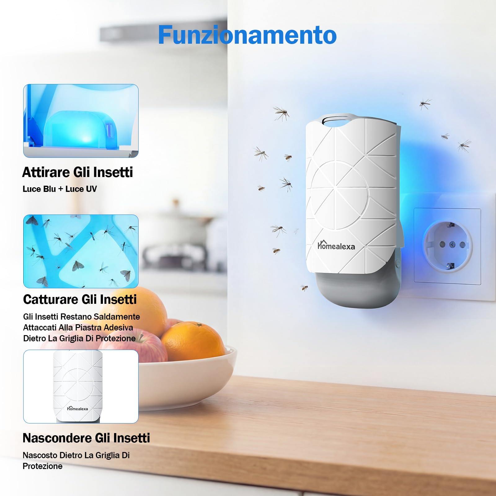 Homealexa Trappola per Moscerini della Frutta LED UV, Trappola Insetti Elettrica contro Moscerini, Mosche e Falene, Spina Rotante 180°, con 6 Ricariche, per Cucina e Casa
