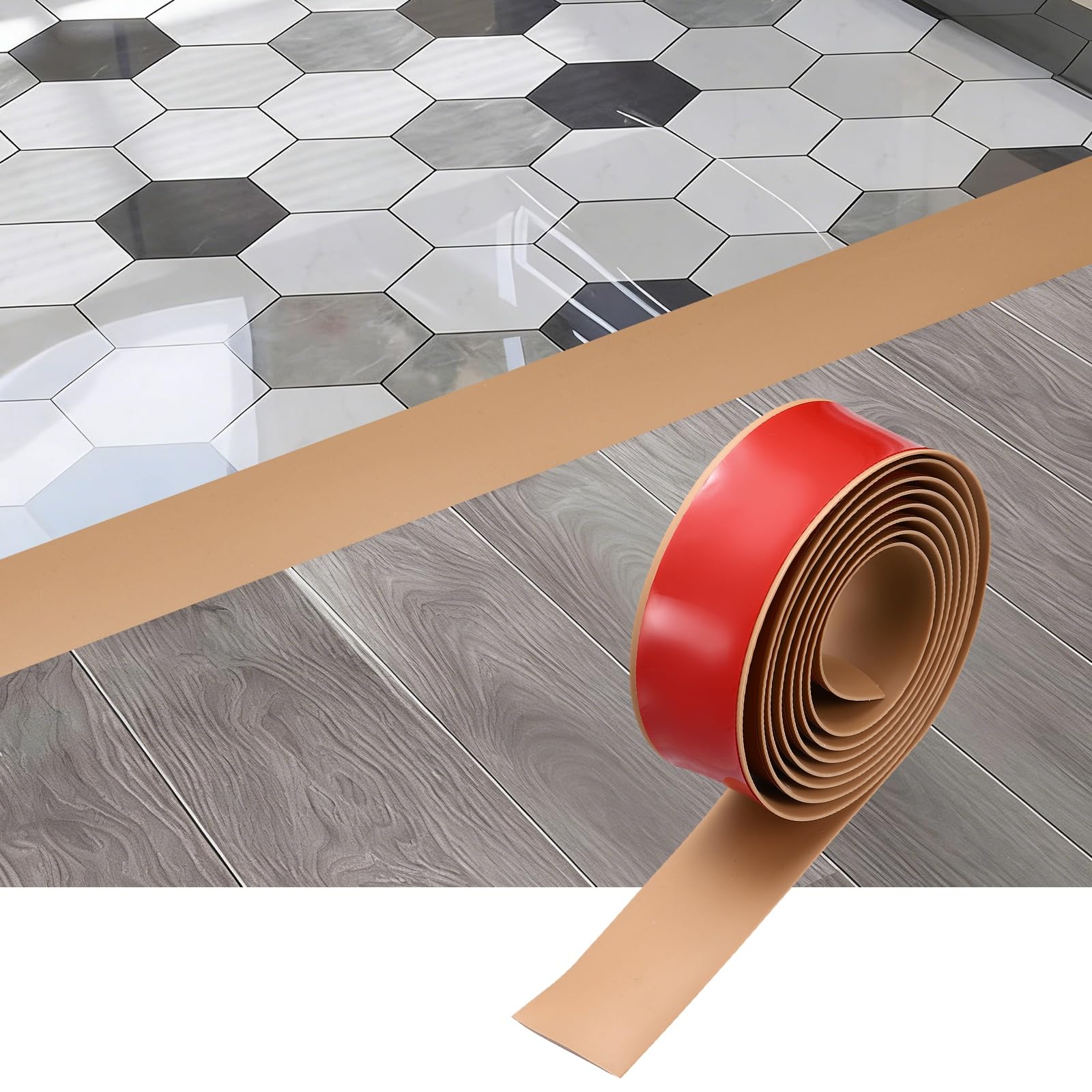 sourcing map Floor Transition Strip, 6.5FT x 1.57" x 0.14" Self Adhesive Floor Cover Strips Laminate Edge Trim for Flooring Gaps Carpet Transition, Light Brown