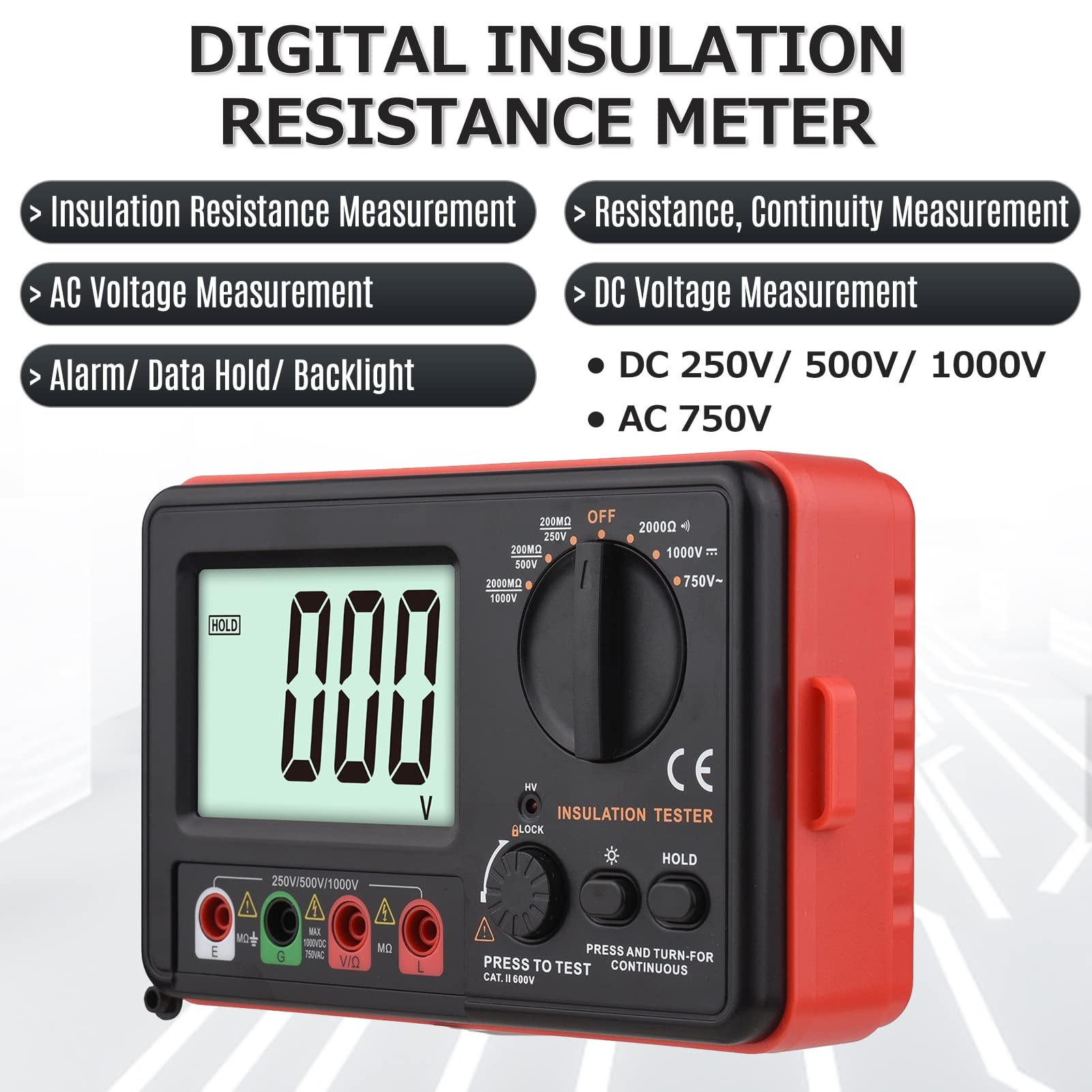 Digitales Isolationswiderstandsmessgerät mit LCD-Hintergrundbeleuchtung DC 250V/ 500V/ 1000V AC 750V Multifunktions-Isolationswiderstands-Messgerät-Kit mit Riemen/Schutzdeckel/Stoffbeutel.