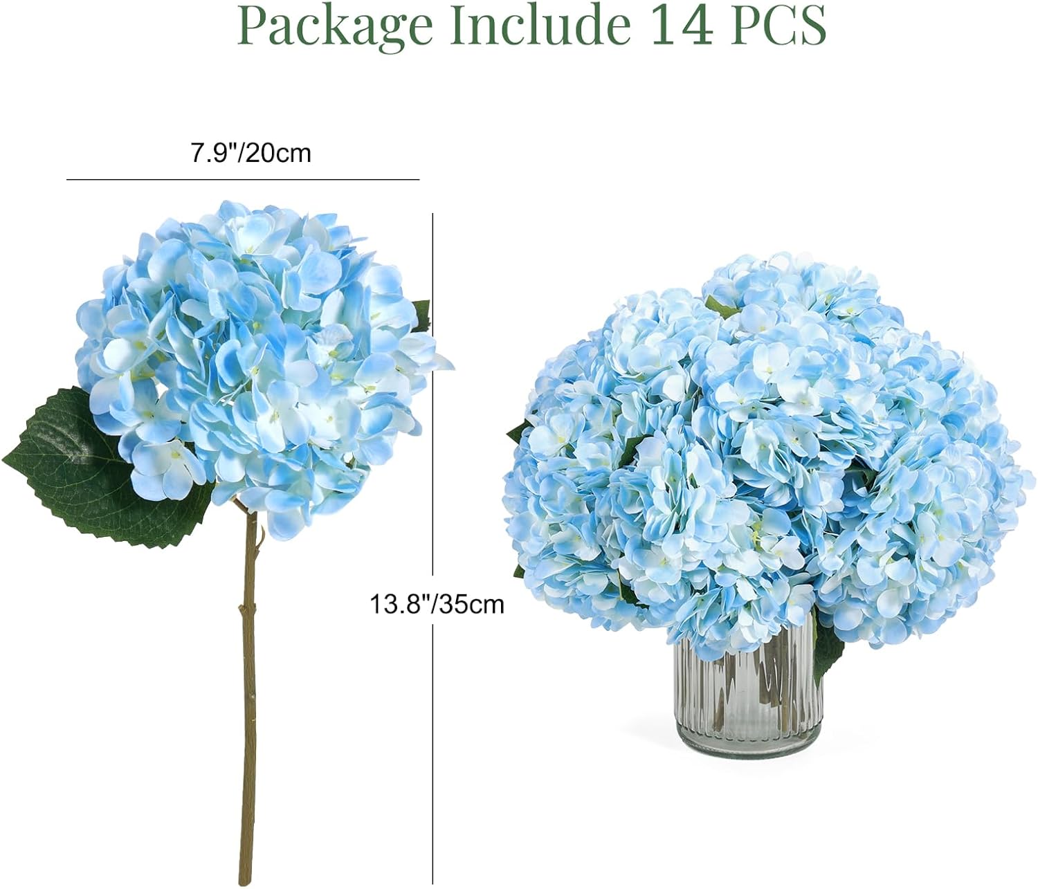 Auihiay 14 PCS Artificial Hydrangea Flowers Bouquets, 13.8" x 7.9" Silk Hydrangea Flowers with Stems and Leaves, Fake Hydrangea Bouquets for Room Party Wedding Table Centerpieces (Blue)