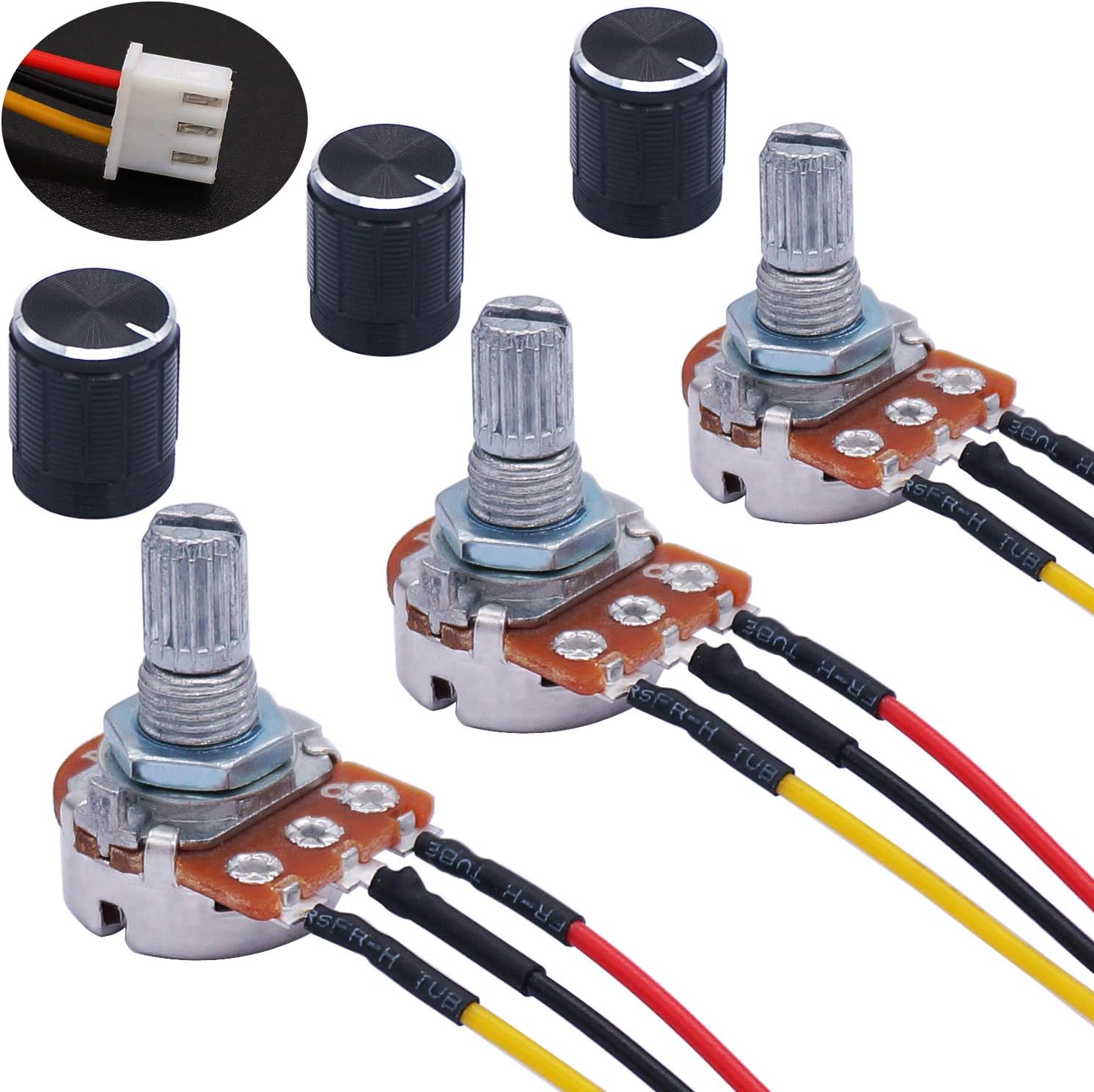 3PCS 10K Ohm Linear Taper Adjustable Rotary Potentiometer Change Resistance WH148 B10K 3 Pin with XH2.54-3P Connector Wire Cable + Black Knob Cover Cap 148-10kBK