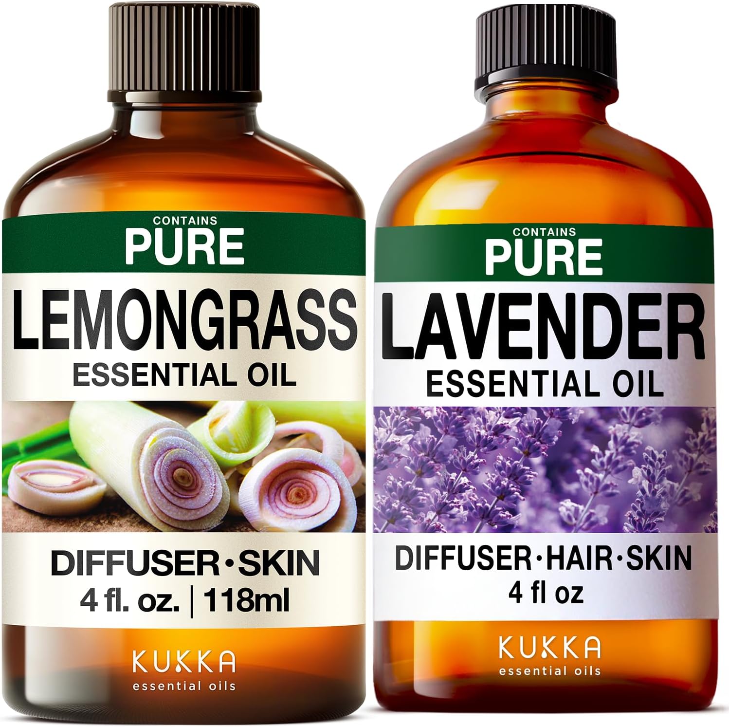 Lemongrass Essential Oil for Diffuser & Lavender Essential Oil for Diffuser Set -Aromatherapy Grade Essential Oils Set - 2x4 fl oz - Kukka