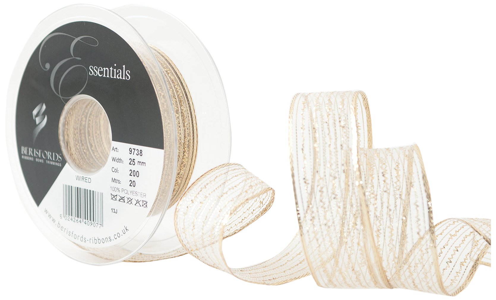 Berisfords 9738-G-25 25 mm Wired Tinsel Mesh Ribbon, Gold