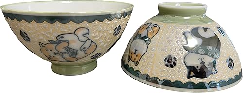 Japanese Mino Ware - Tazones de arroz para perros Shiba de cerámica, 4.45 pulgadas de diámetro, 10.1 onzas líquidas, color verde con acabado